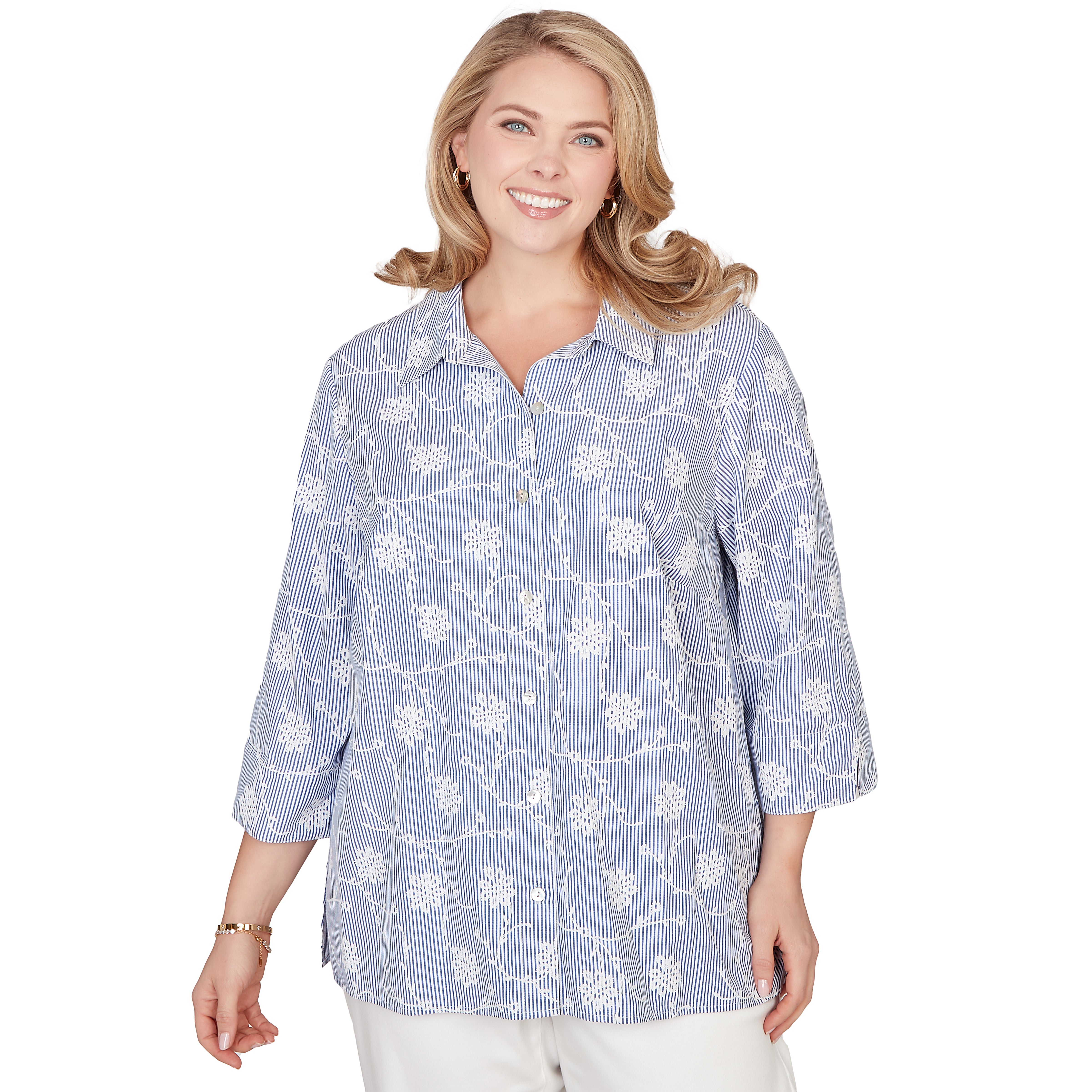 Alfred Dunner Puff Print Pinstripe Embroidered Button Down Top