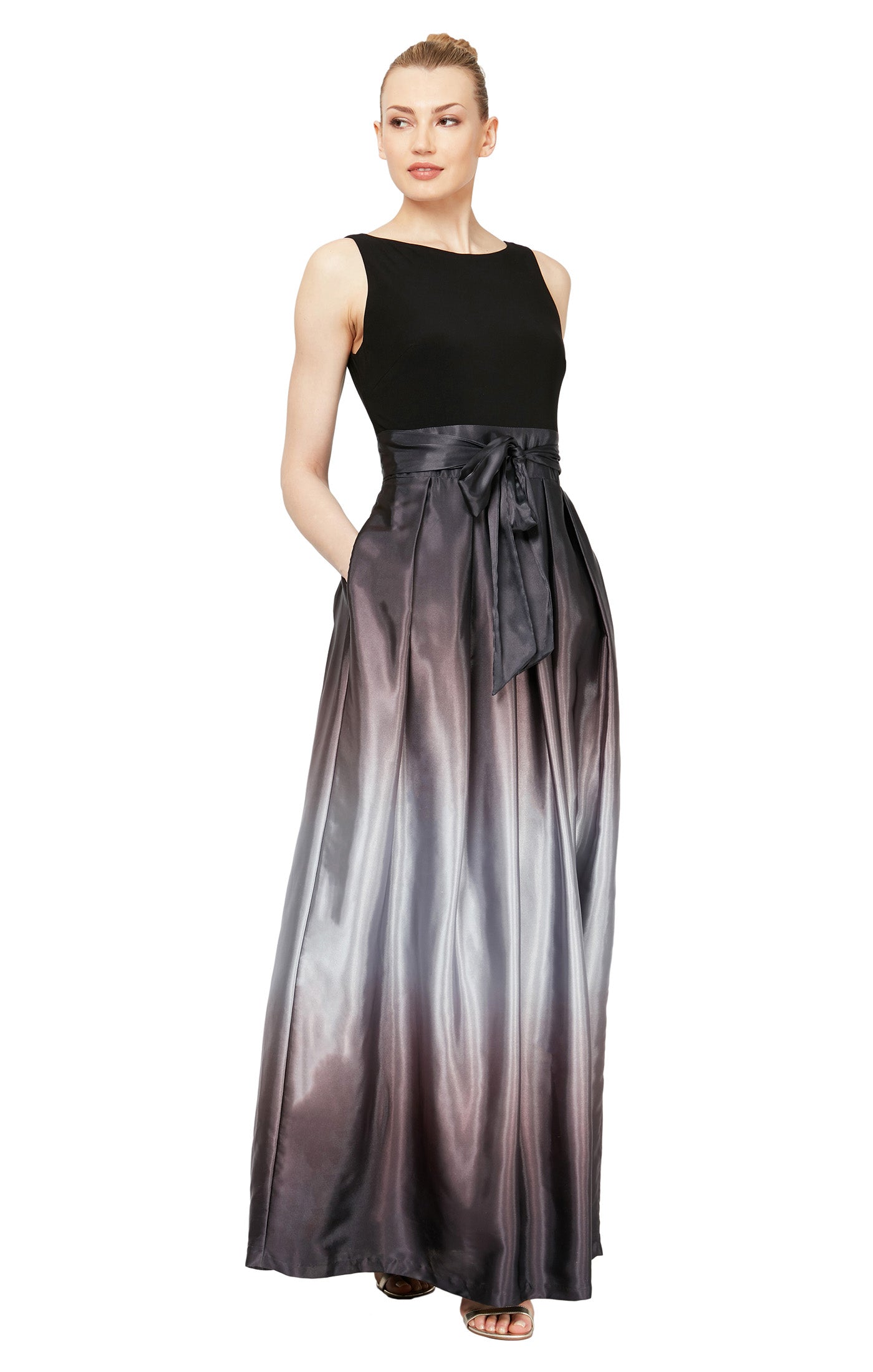 Sleeveless Gown with Satin Ombre Skirt & Tie Belt - Black Silver - Petite Sleeveless Gown with Satin Ombre Skirt & Tie Belt - Black Silver - Petite