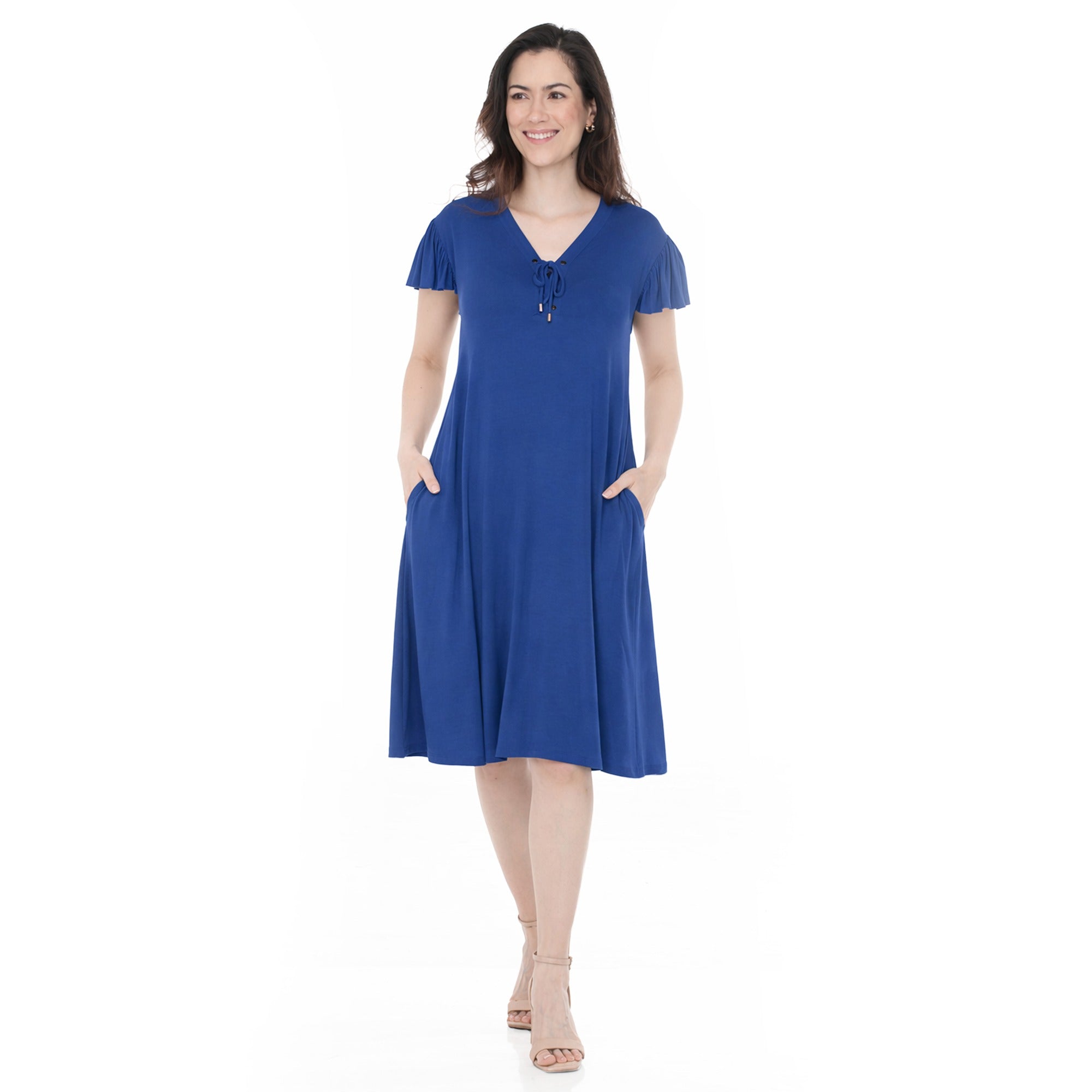 Women's V-Neck Tie Front Flutter Sleeve Shift Dress – Dressbarn