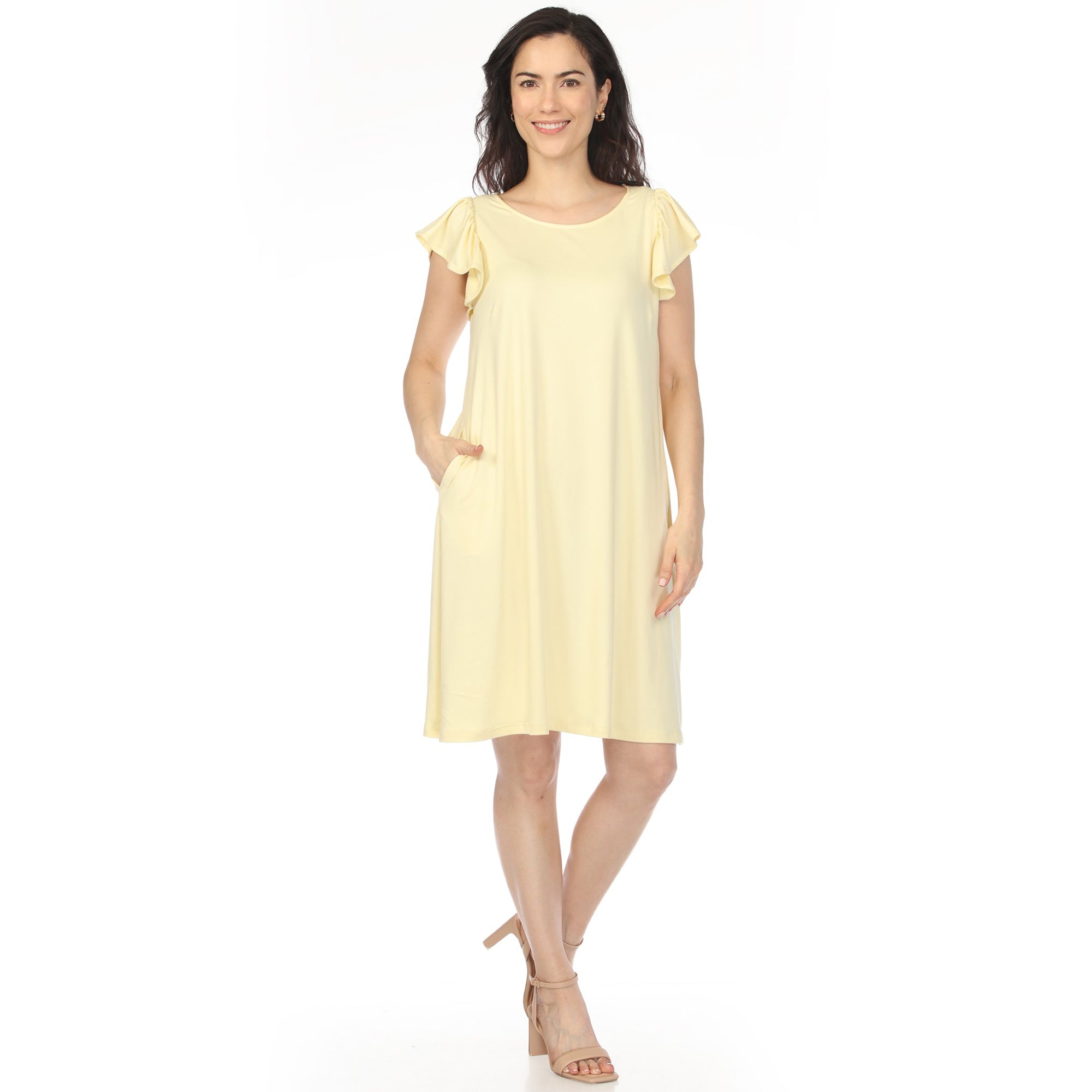 White Mark Women's Crew Neck Ruffle Sleeve Dress Yellow / M