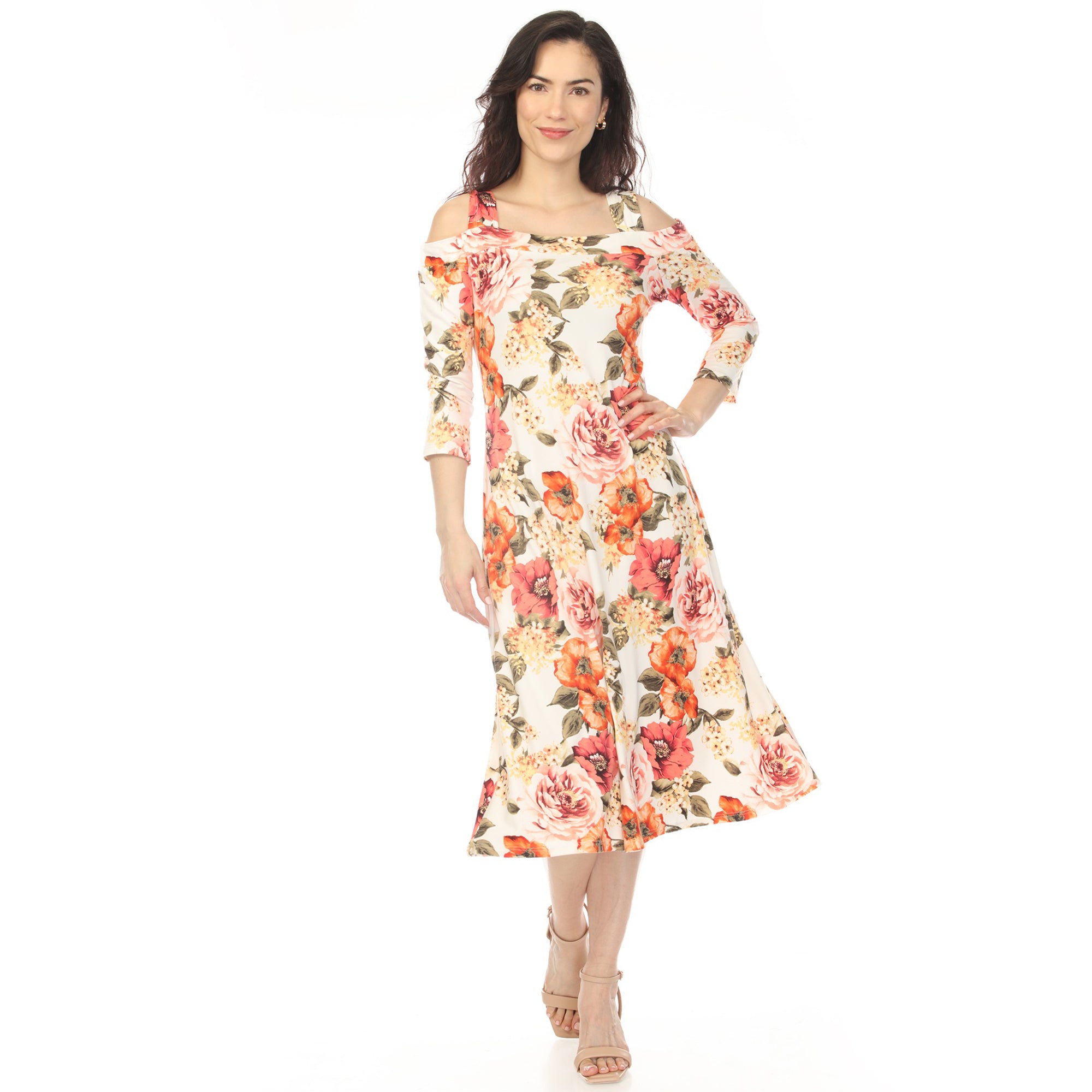 Women's Cold Shoulder 3/4 Sleeve Dress - Ivory Orange Women's Cold Shoulder 3/4 Sleeve Dress - Ivory Orange