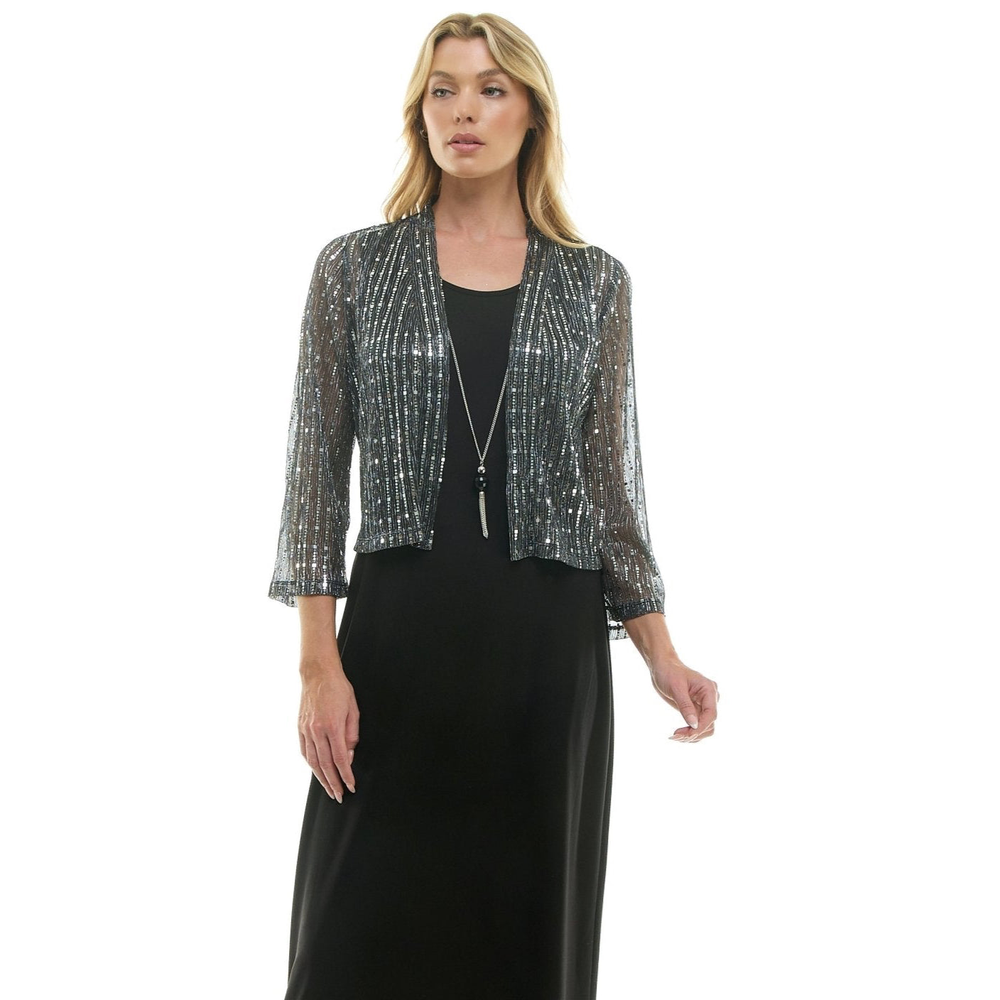 2Fer Jacket Tank Dress w/ Detachable Necklace, Silver/Black Silver/Black / S 2Fer Jacket Tank Dress w/ Detachable Necklace, Silver/Black Silver/Black / S