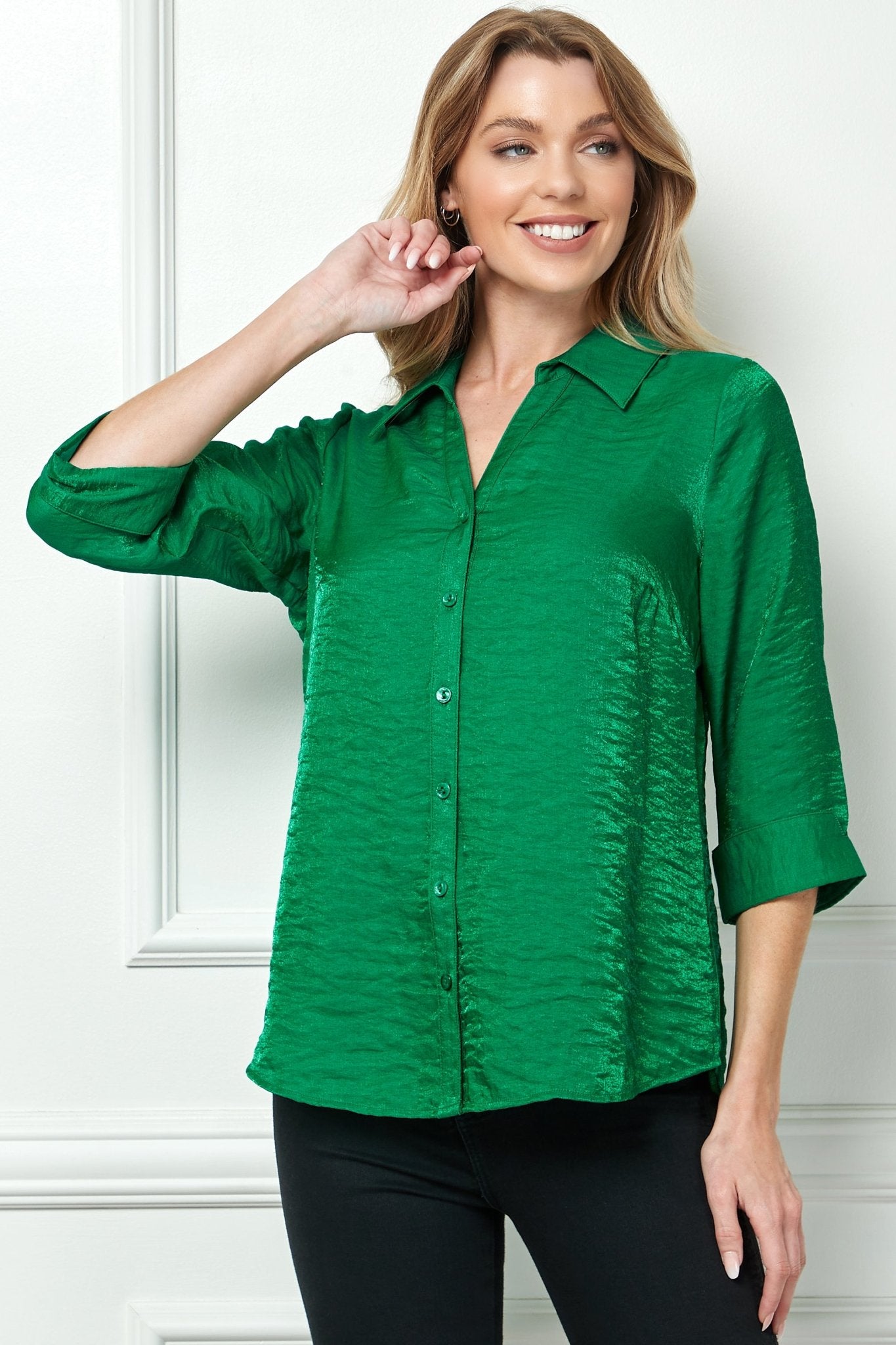3/4 Sleeve Notch Button-Front Shirt, Green