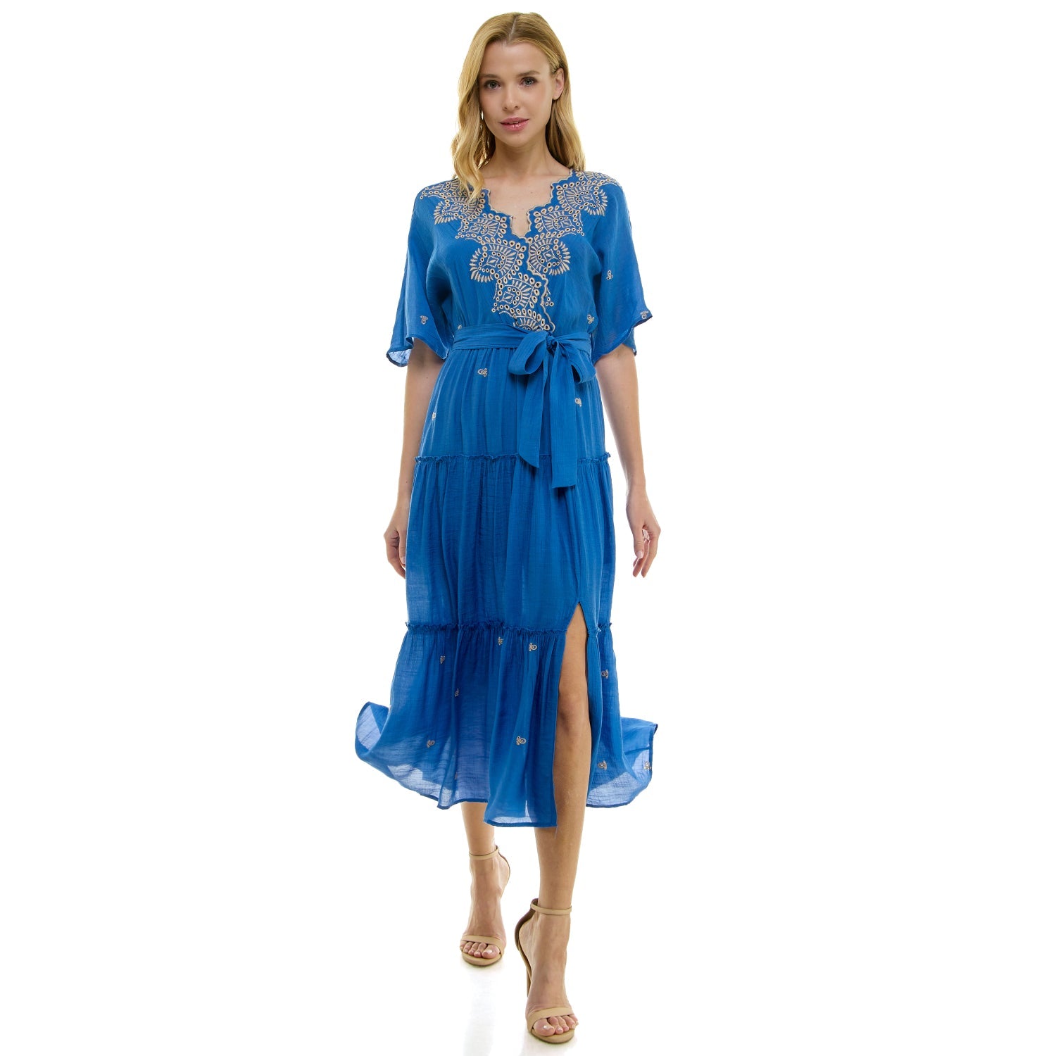 3/4 Sleeve Wrap Style Dress With Scallop Embroidered Neck Royal/Ivory / S 3/4 Sleeve Wrap Style Dress With Scallop Embroidered Neck Royal/Ivory / S