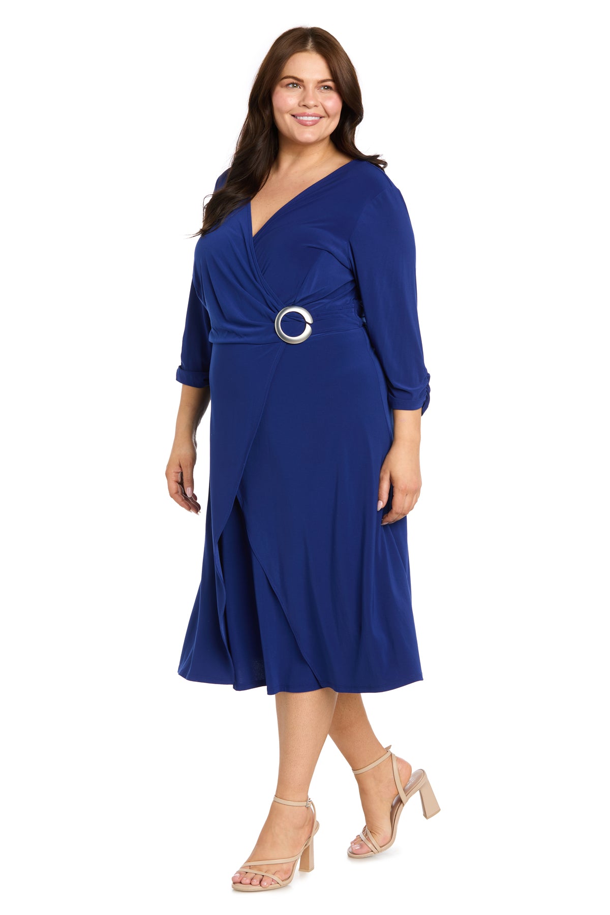 jersey wrap dress Midi Jersey Faux Wrap with 3/4 Sleeves - Indigo