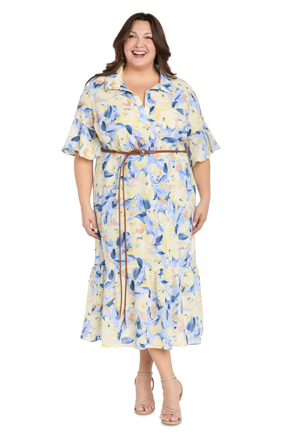 knee length dresses for ladies Printed Midi Shirt Dress with Bell Sleeve and Belt