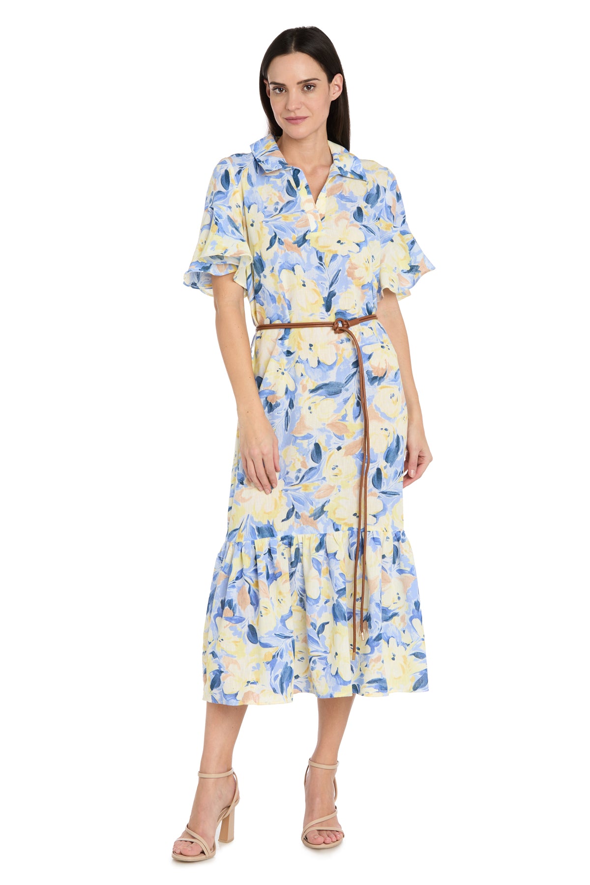 Printed Midi Shirt Dress with Bell Sleeve and Belt