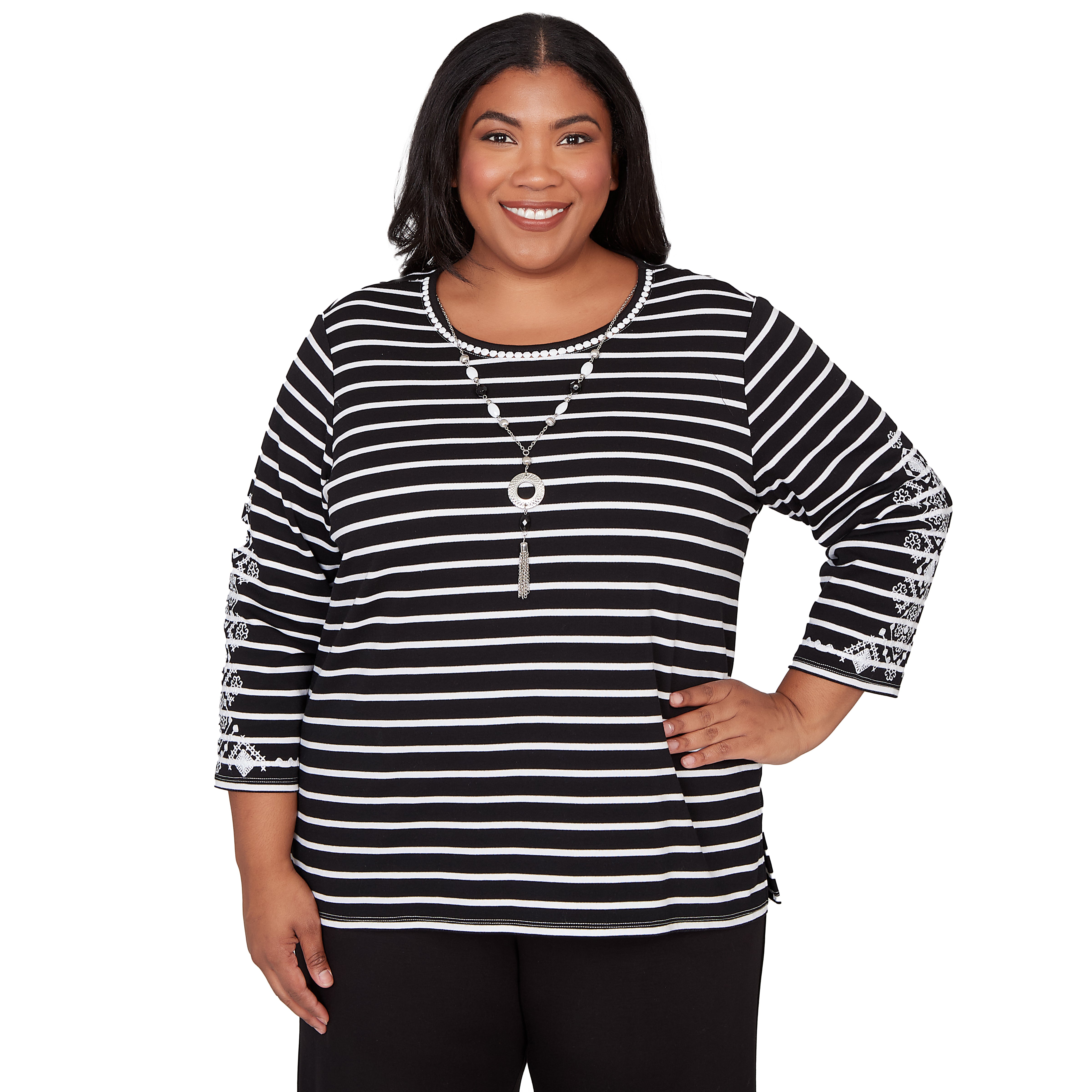 Alfred Dunner Pinstripe Embroidered Sleeve Top with Necklace - Plus Alfred Dunner Pinstripe Embroidered Sleeve Top with Necklace - Plus