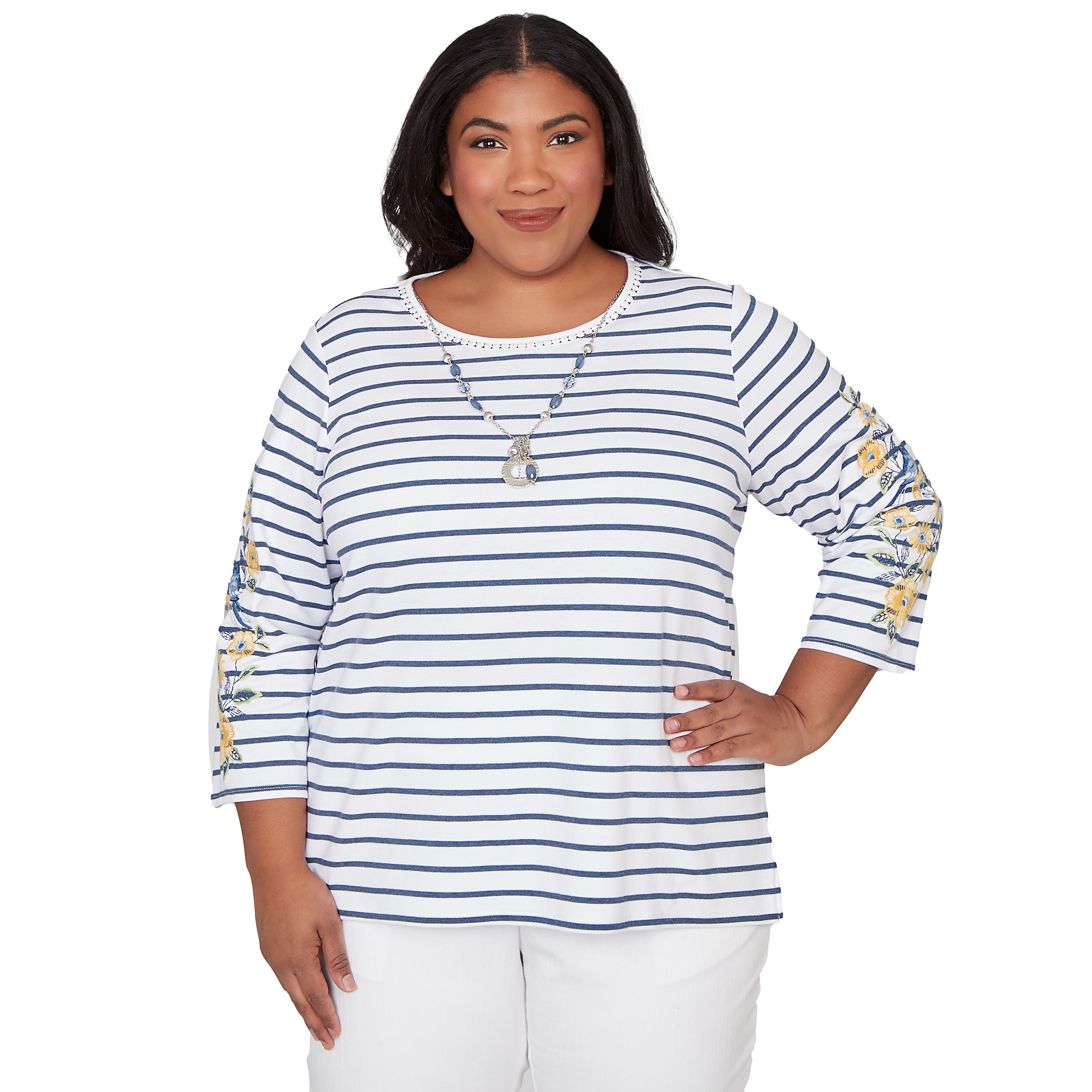 Alfred Dunner Floral Embroidered Stripe Top with Necklace - Plus