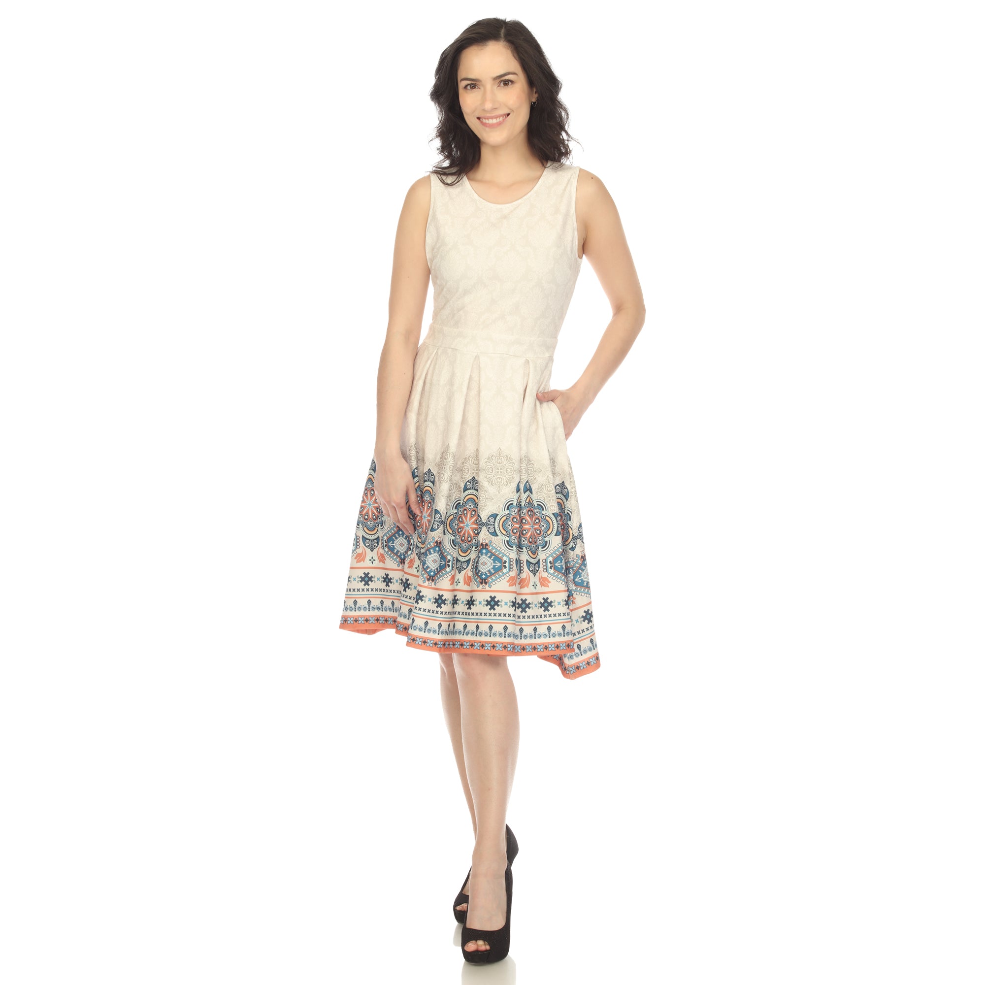 Beige Border Print Fit and Flare Knee Length Dress Beige / S Beige Border Print Fit and Flare Knee Length Dress Beige / S
