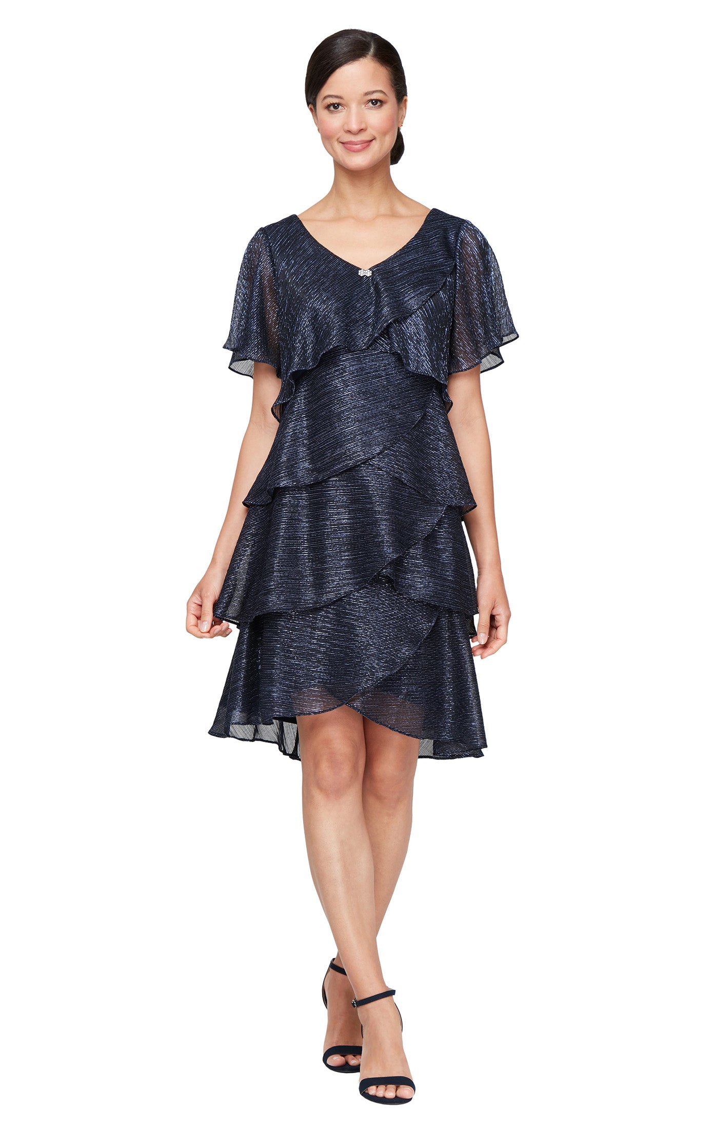 SL FASHIONS Women's Embellished V-Neck Short Sleeve Shimmer Bodre Tier Cocktail Dress - Blue - Cocktail dresses SL FASHIONS Women's Embellished V-Neck Short Sleeve Shimmer Bodre Tier Cocktail Dress - Blue - Cocktail dresses