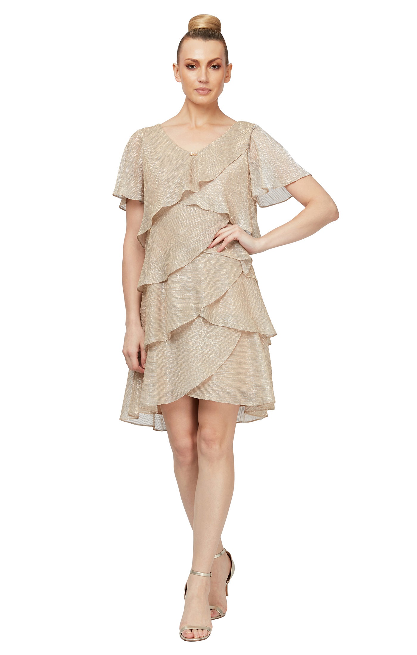 SL Fashions Tiered Shimmer Shift Dress - Gold