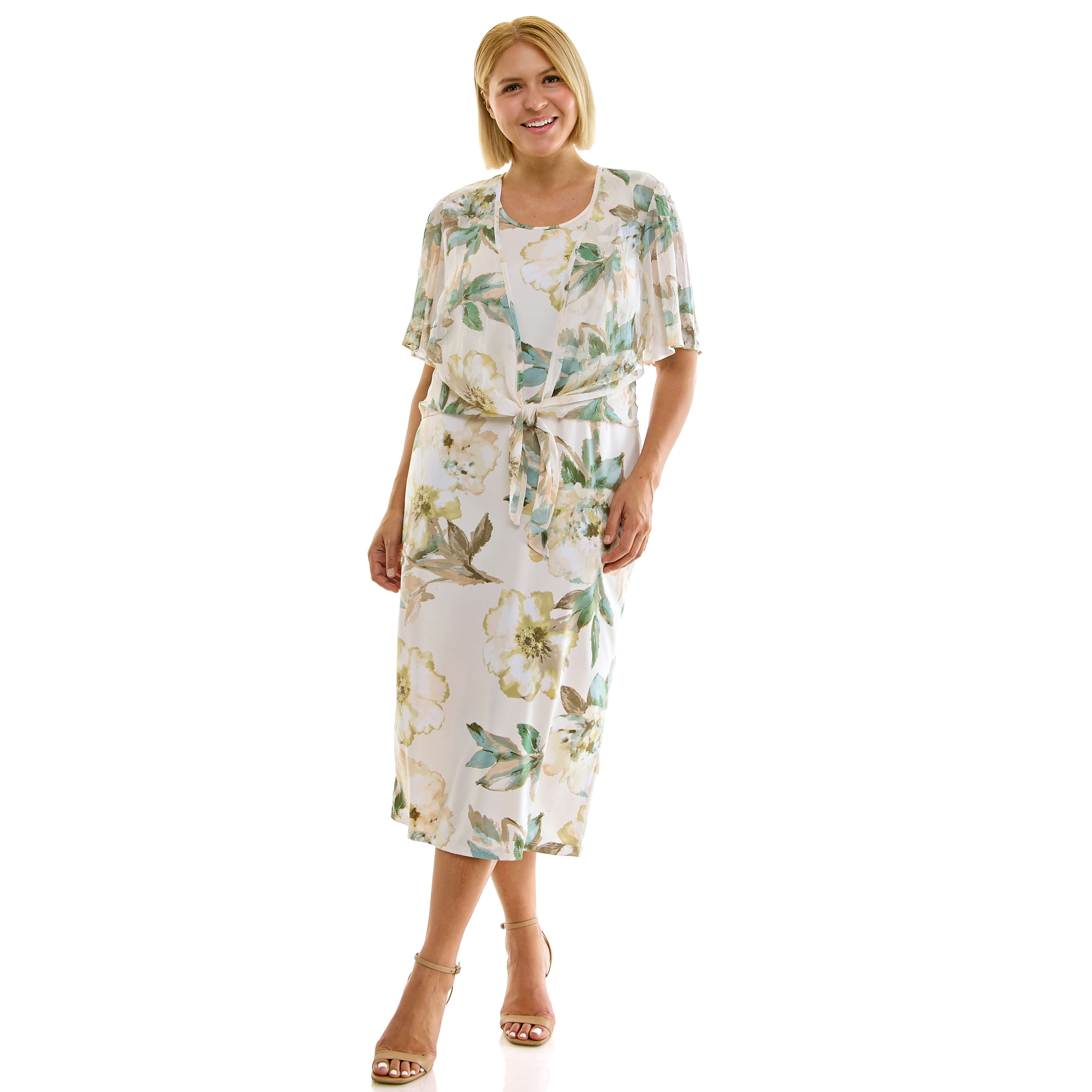 Sleeveless Maxi Dress With Separate Front Tie Shrug In Cream/Green/Taupe