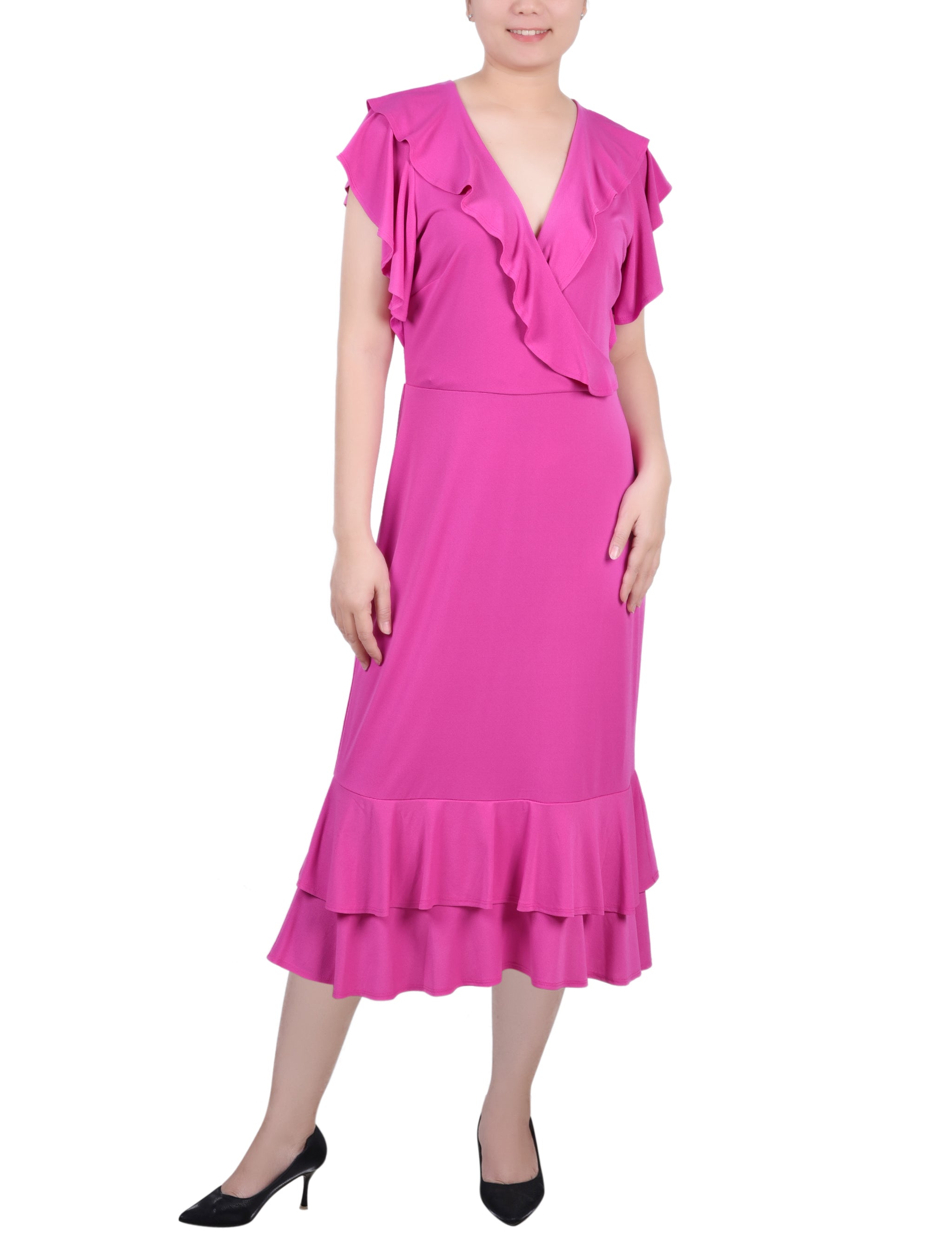 magenta ruffle midi dress Magenta Ruffle Sleeve Textured Midi Dress PinkBlush