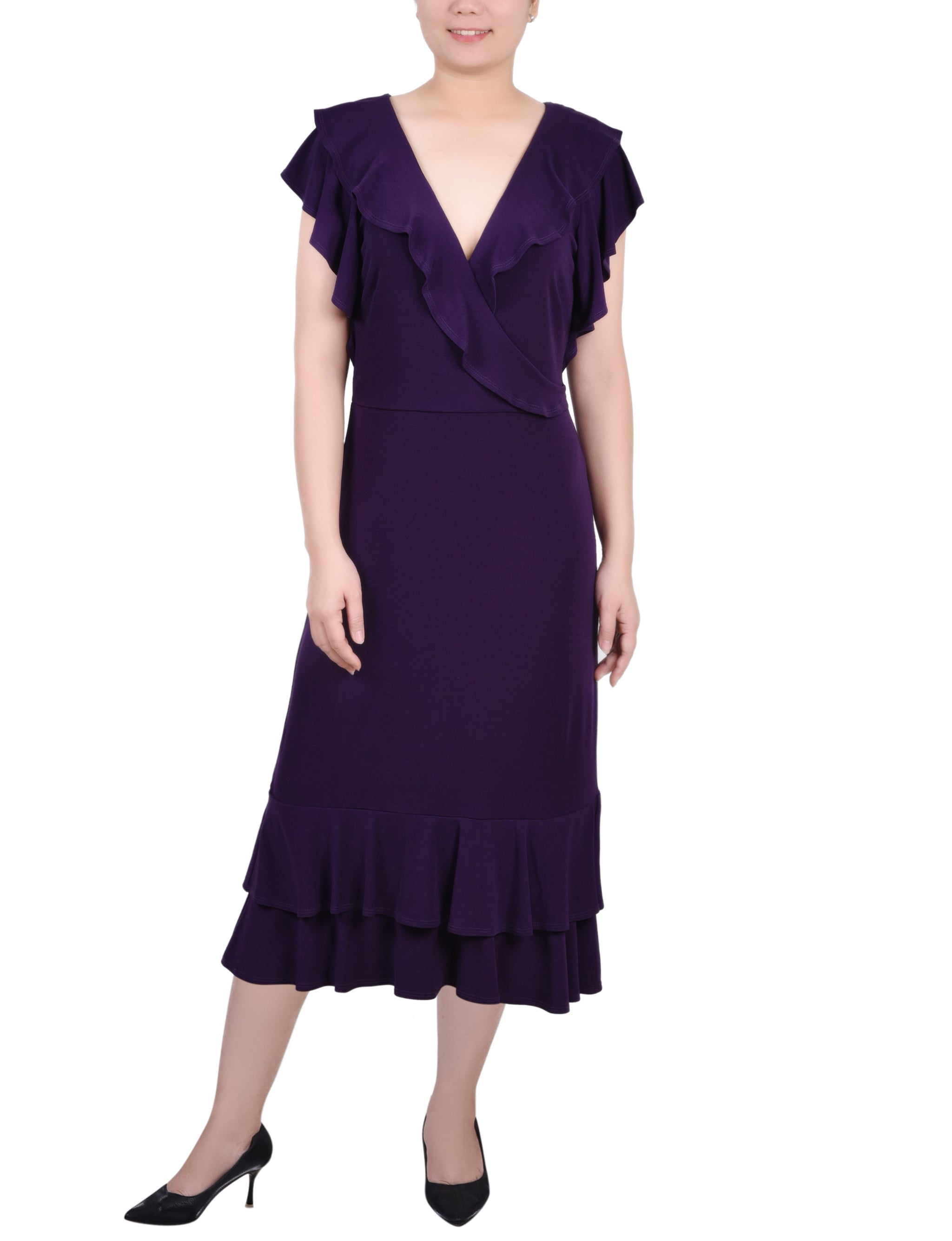 NY Collection Missy Short flutter Sleeve Ruffle Neck Dress - Purple NY Collection Missy Short flutter Sleeve Ruffle Neck Dress - Purple