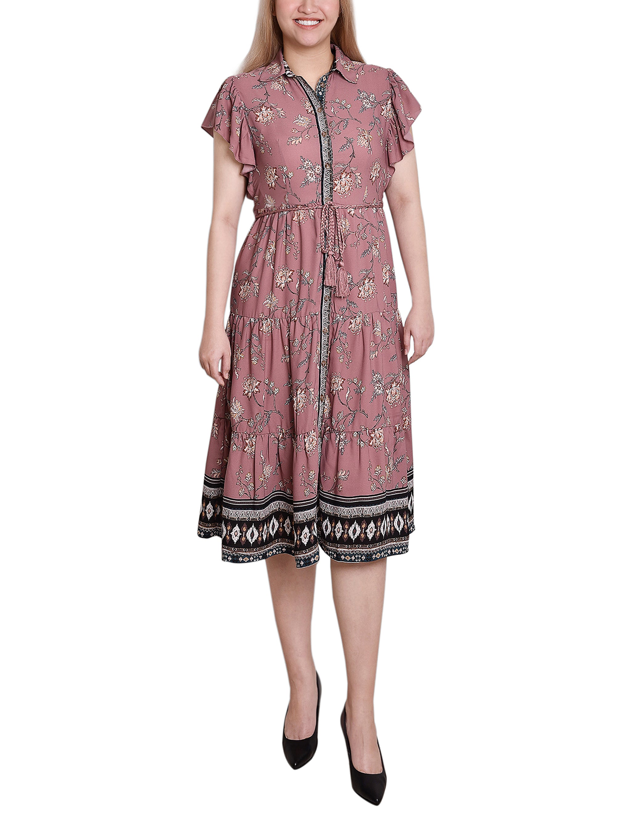 NY Collection Women's Short Sleeve Tiered Border Print Dress - Mauve Floral - Size L NY Collection Women's Short Sleeve Tiered Border Print Dress - Mauve Floral - Size L