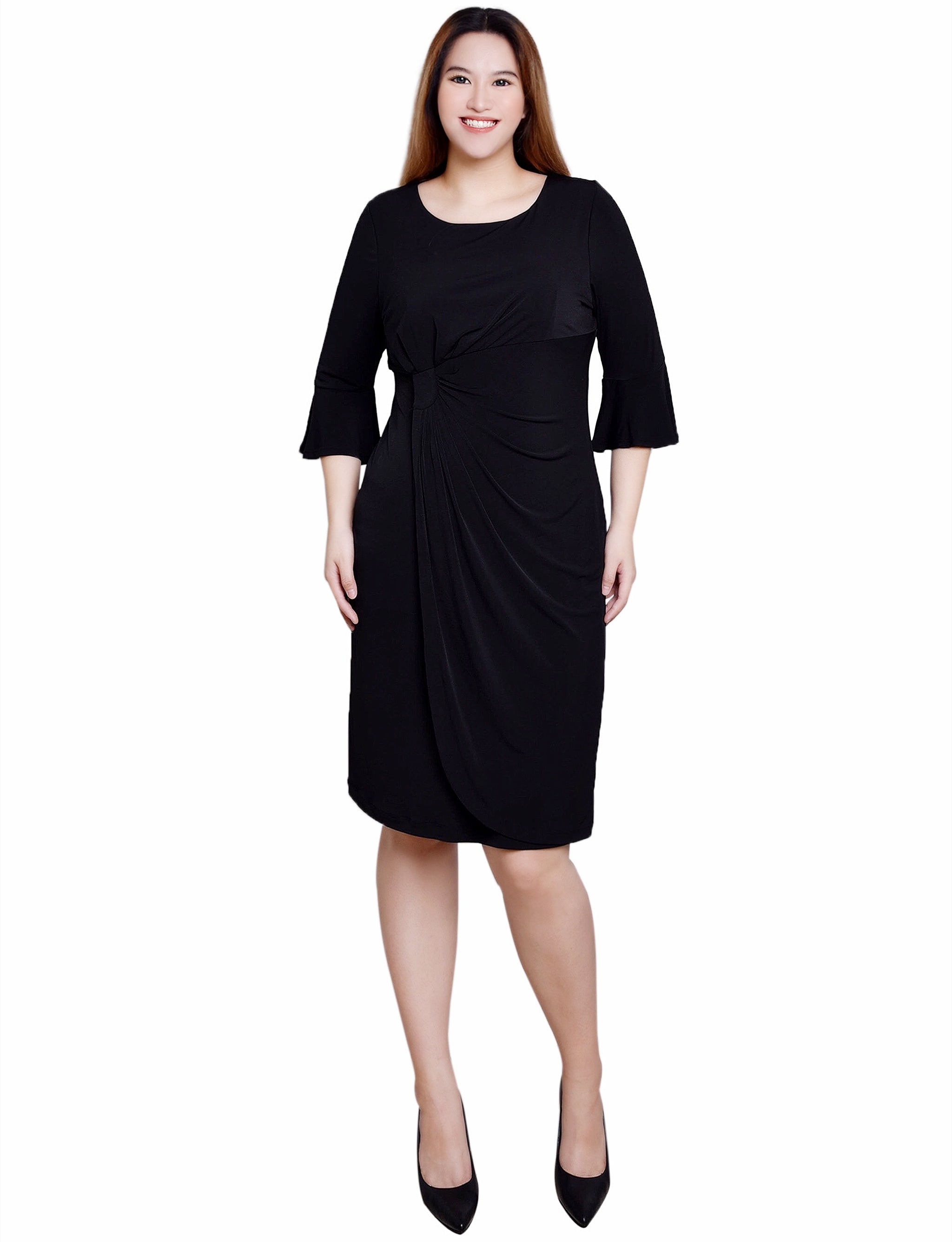 Black 3/4 Length Trumpet Sleeve Dress Black / S Black 3/4 Length Trumpet Sleeve Dress Black / S