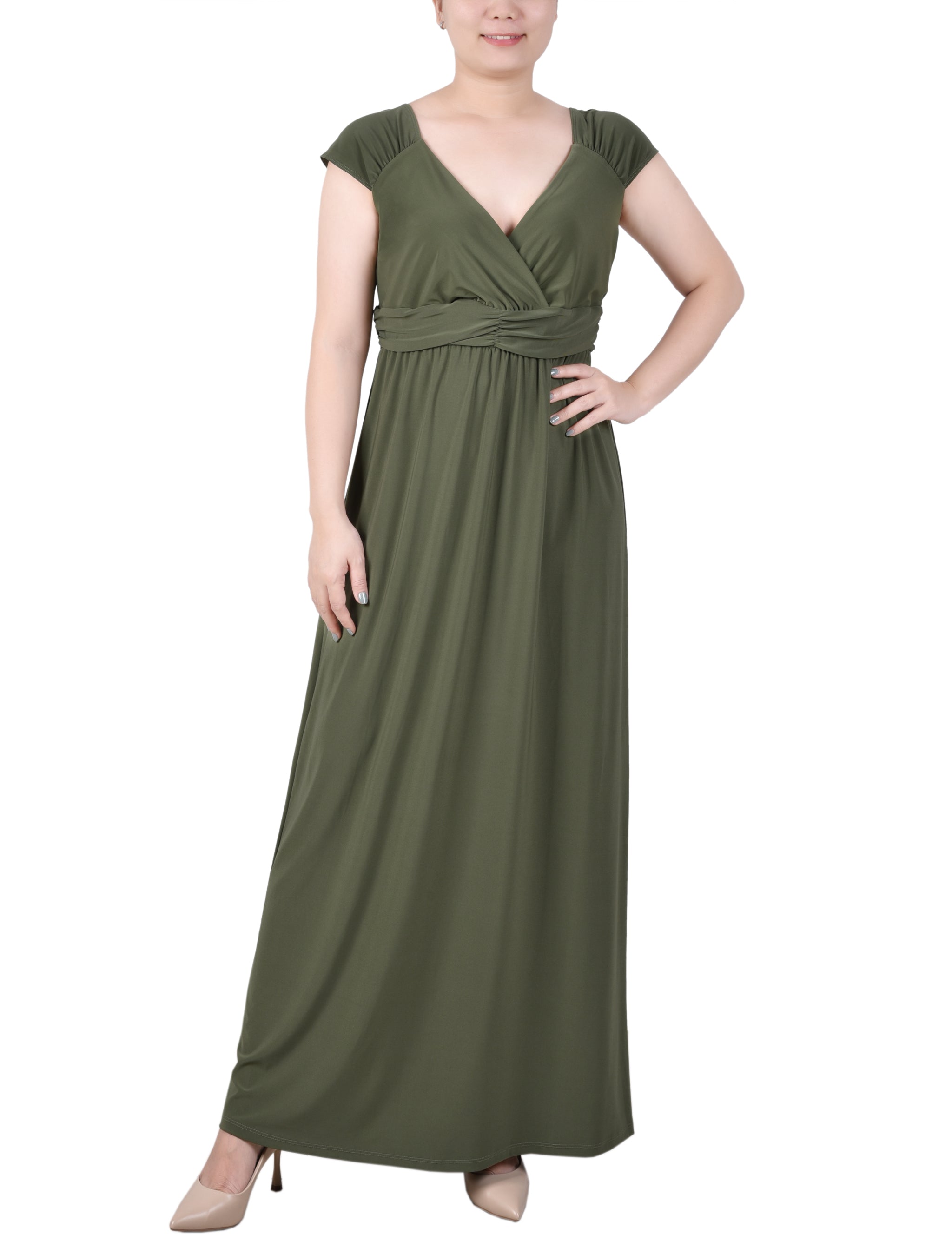 Oil Green Ruched Empire-Waist Maxi Dress Dressbarn Oil Green Ruched Empire-Waist Maxi Dress Dressbarn