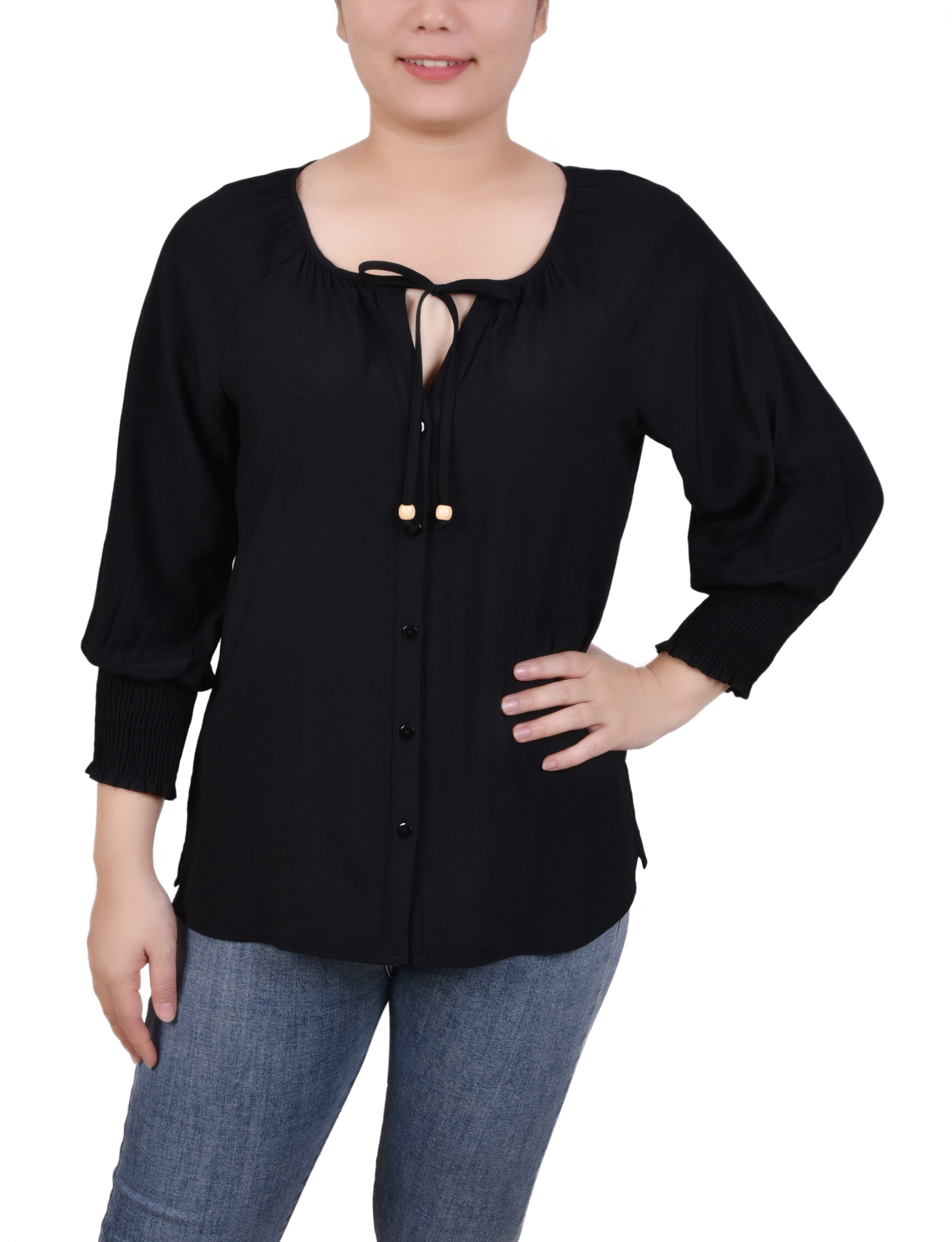 black dress blouse All About Floral Tie-Front | Trendy Women's Top 62% cotton + 35% polyester + 3% spandex blendsoft Arlene Chiffon Blouse Black