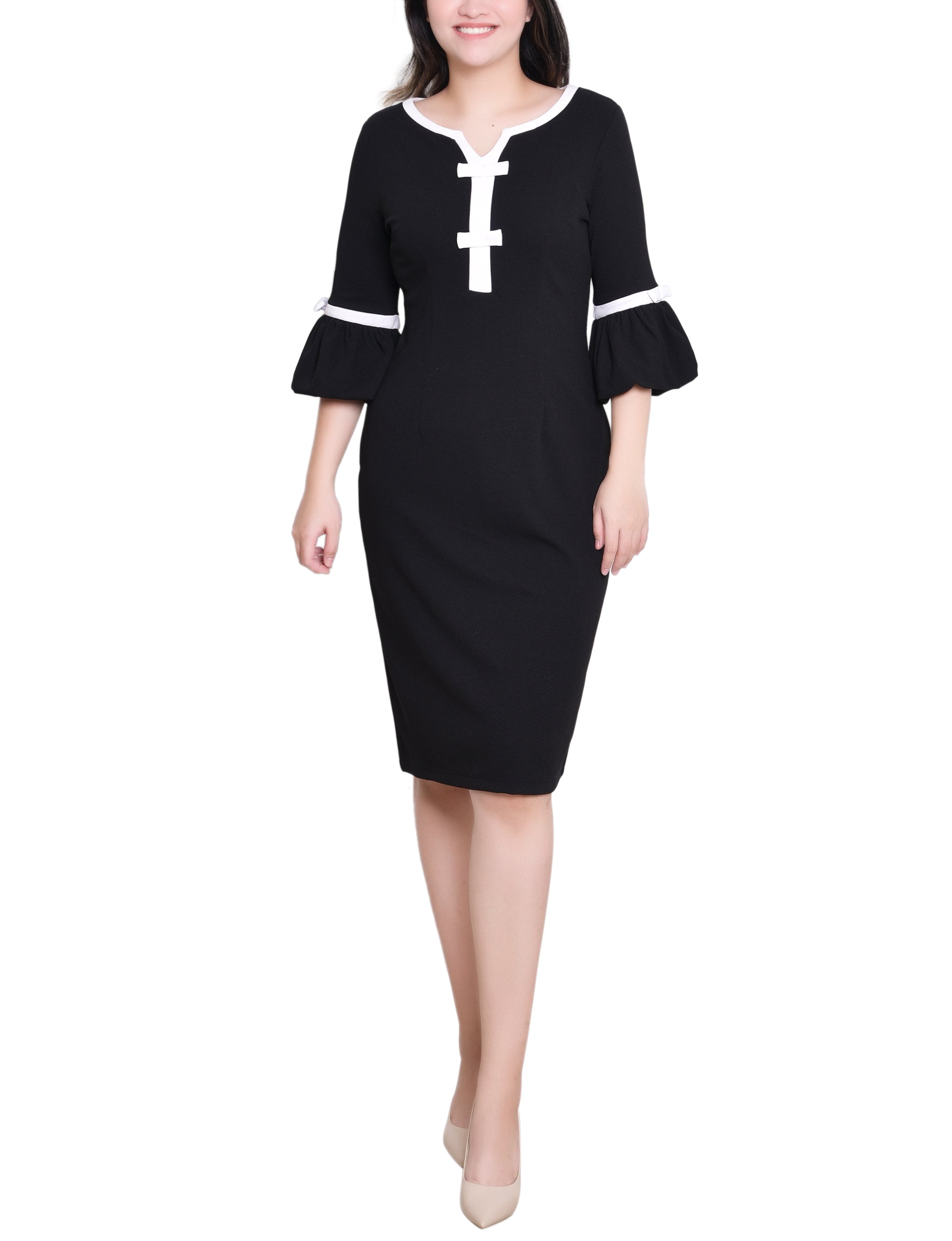 NY Collection Missy 3/4 Sleeve Contrast Detail Dress - Black White Dressbarn NY Collection Missy 3/4 Sleeve Contrast Detail Dress - Black White Dressbarn