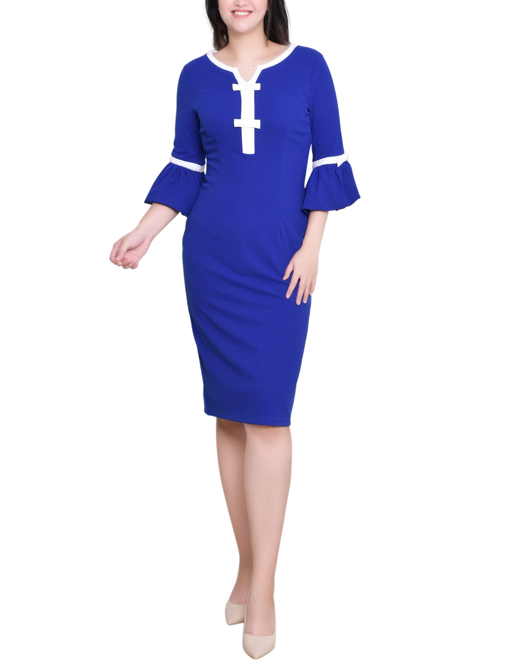 NY Collection Missy 3/4 Sleeve Contrast Detail Dress - Royal White 12 NY Collection Missy 3/4 Sleeve Contrast Detail Dress - Royal White 12