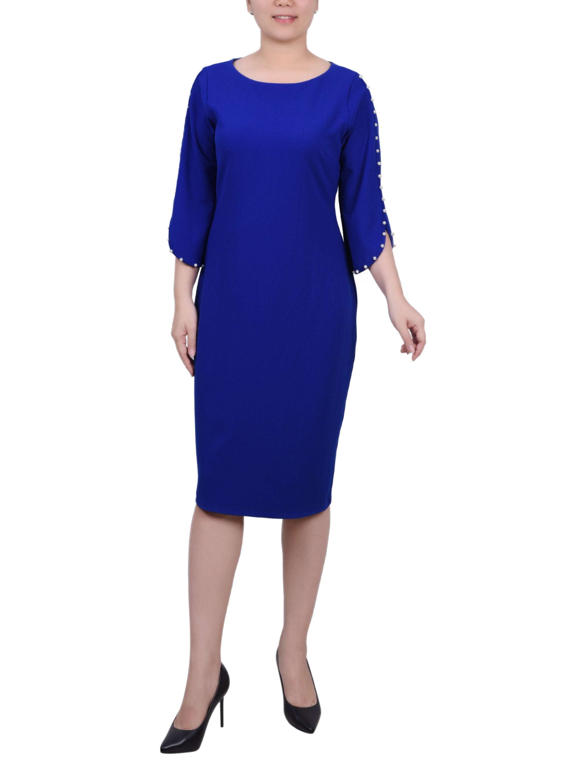 NY Collection Petite 3/4 Pearl-Detail Petal Sleeve Dress Dressbarn NY Collection Petite 3/4 Pearl-Detail Petal Sleeve Dress Dressbarn