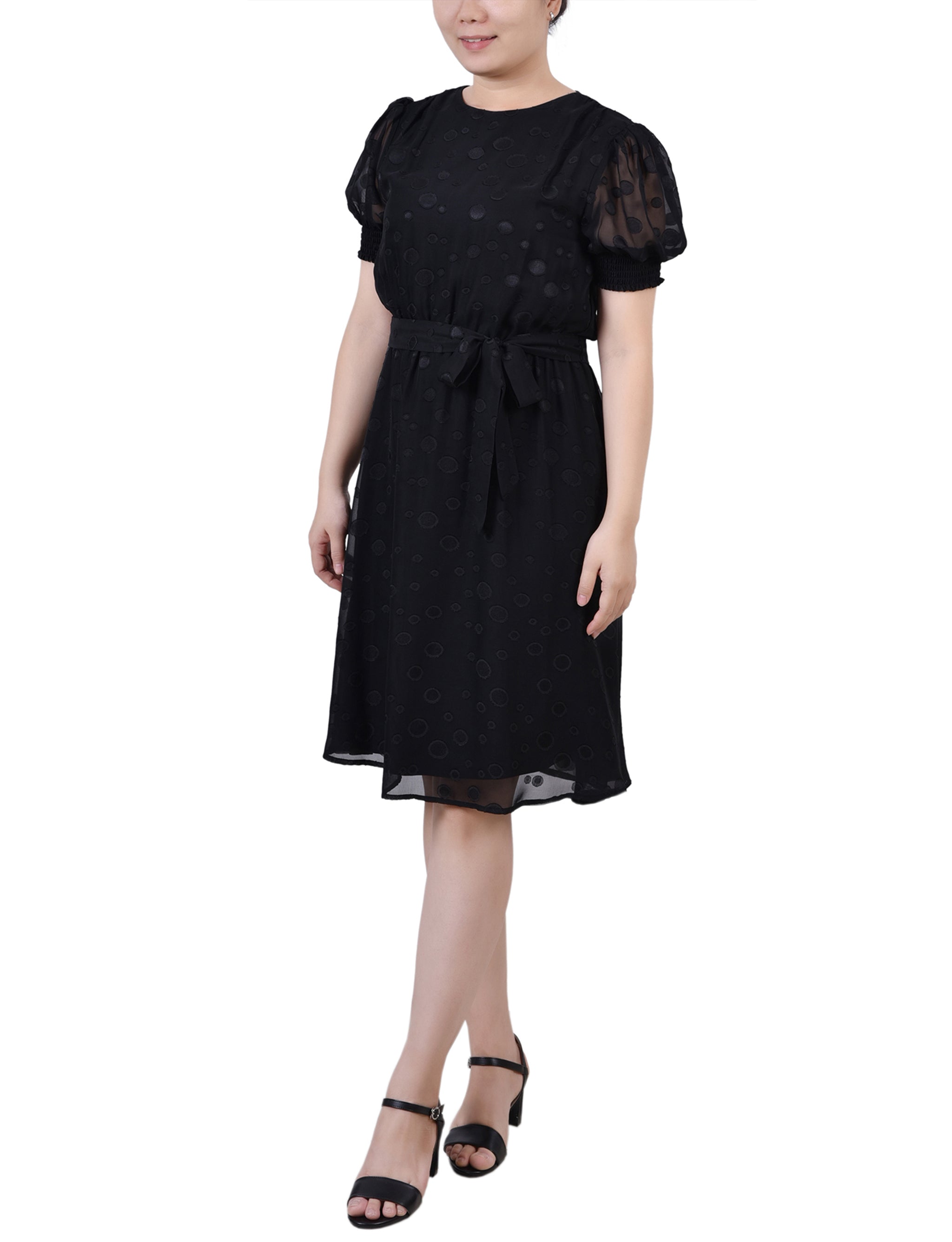 Black Elbow Sleeve Swiss Dot Dress - Petite Black Elbow Sleeve Swiss Dot Dress - Petite