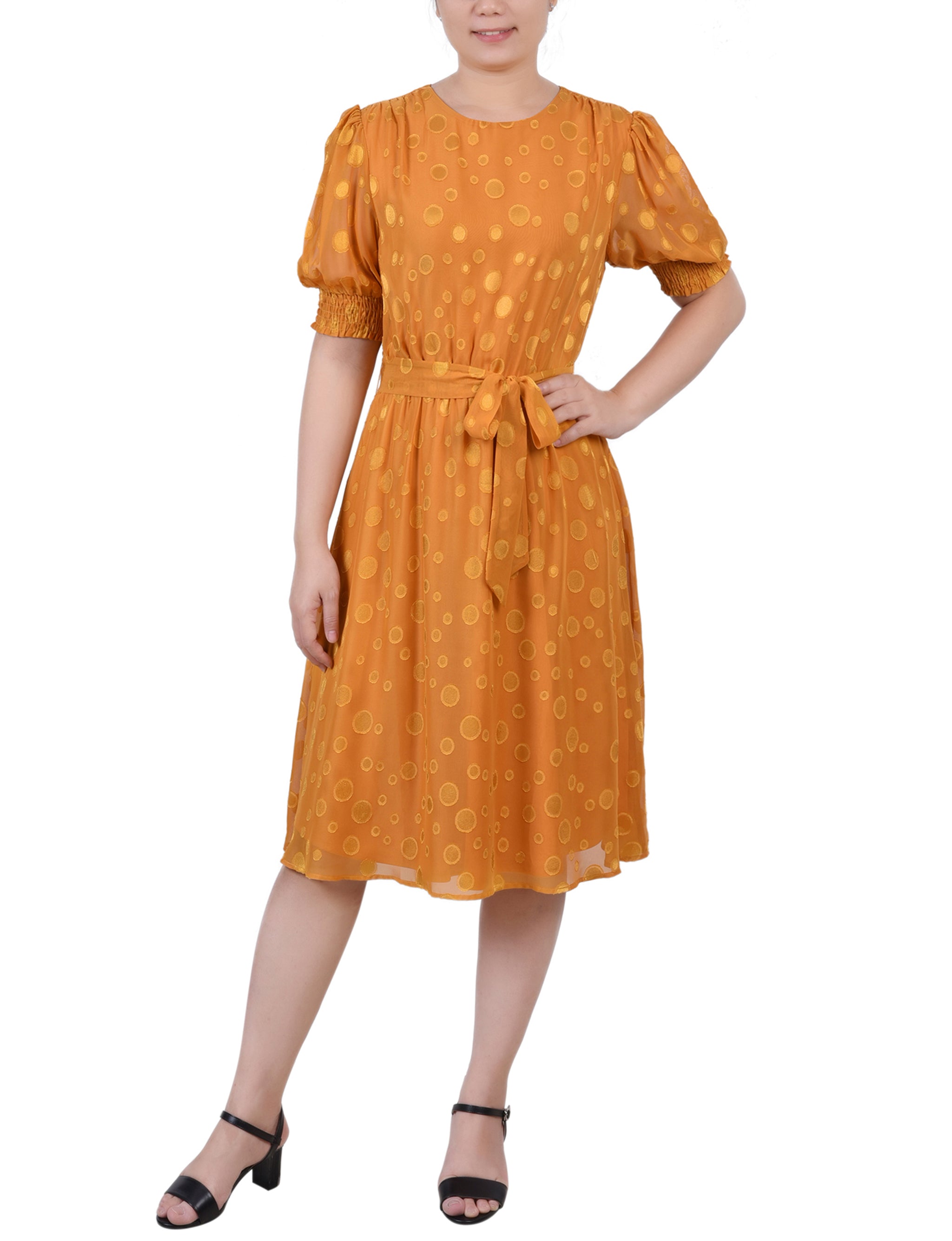 Inca Gold Elbow Sleeve Swiss Dot Dress - Petite Dressbarn Inca Gold Elbow Sleeve Swiss Dot Dress - Petite Dressbarn