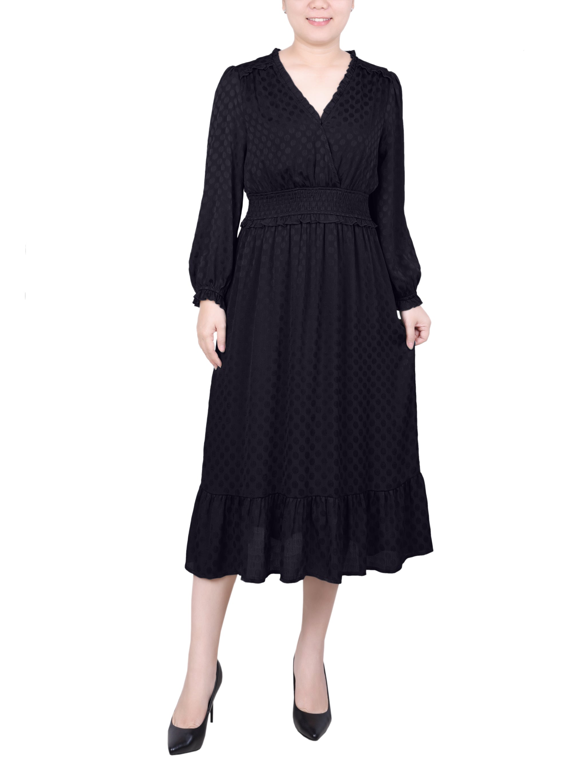 NY Collection Petite Long Sleeve Surplice Neck Dress Black / PM NY Collection Petite Long Sleeve Surplice Neck Dress Black / PM