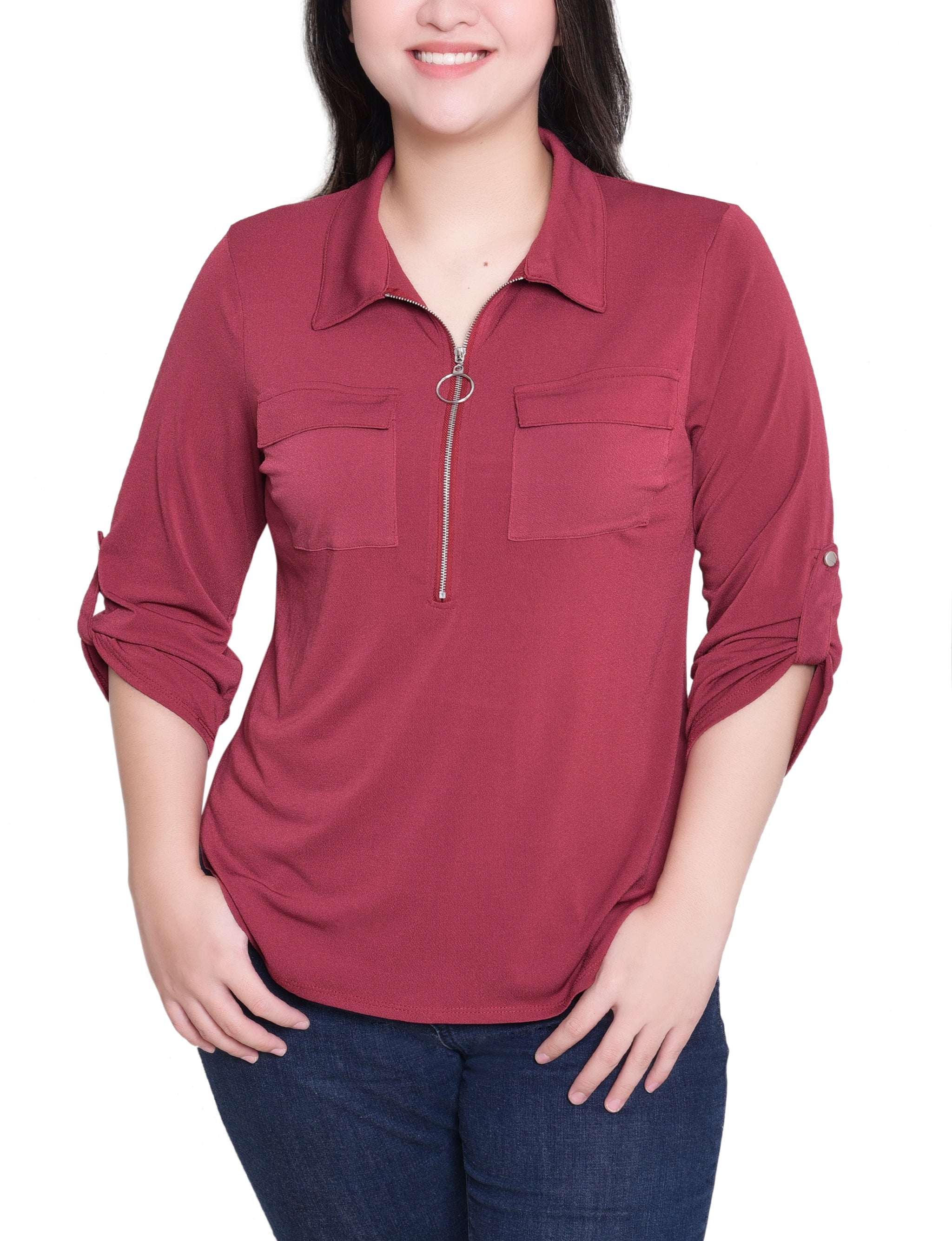 NY Collection Petite 3/4 Roll Tab Zip Front Top - Burgandy Dressbarn NY Collection Petite 3/4 Roll Tab Zip Front Top - Burgandy Dressbarn