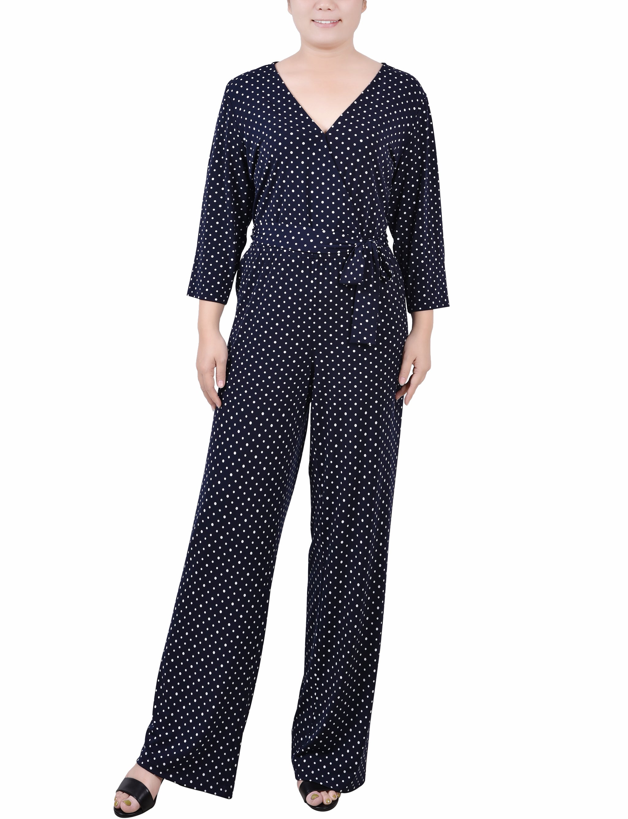 Polka Dot Cropped Jumpsuit Petite Navy Polka Dot 3/4 Sleeve Belted