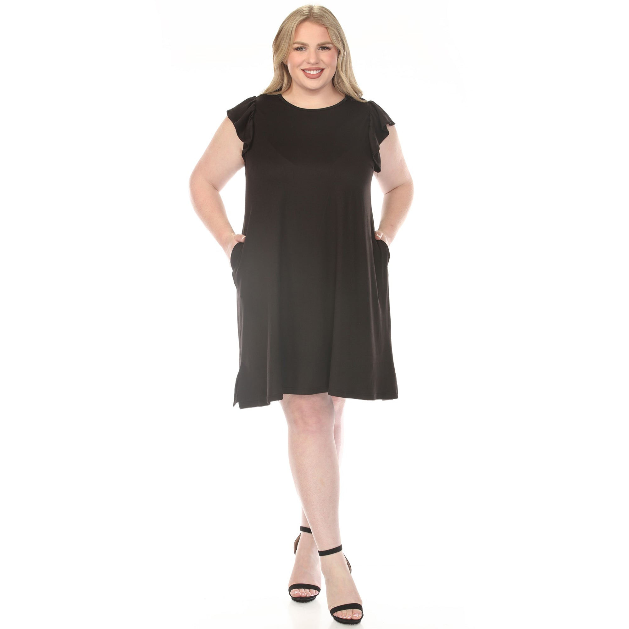 White Mark Women's Plus Size Crew Neck Ruffle Sleeve Dress, Black, 2X White Mark Women's Plus Size Crew Neck Ruffle Sleeve Dress, Black, 2X