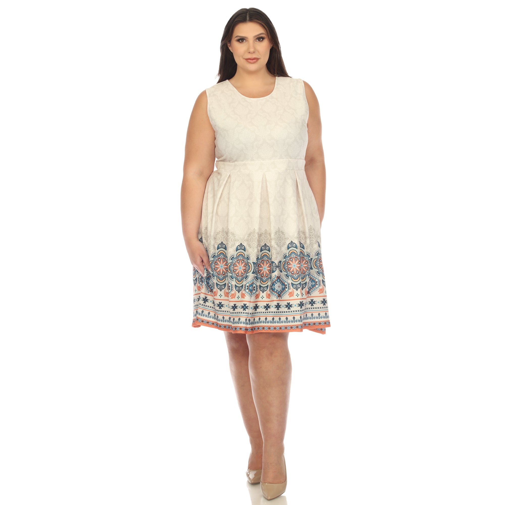 Beige Border Print Fit and Flare Knee Length Dress - Plus Beige Border Print Fit and Flare Knee Length Dress - Plus