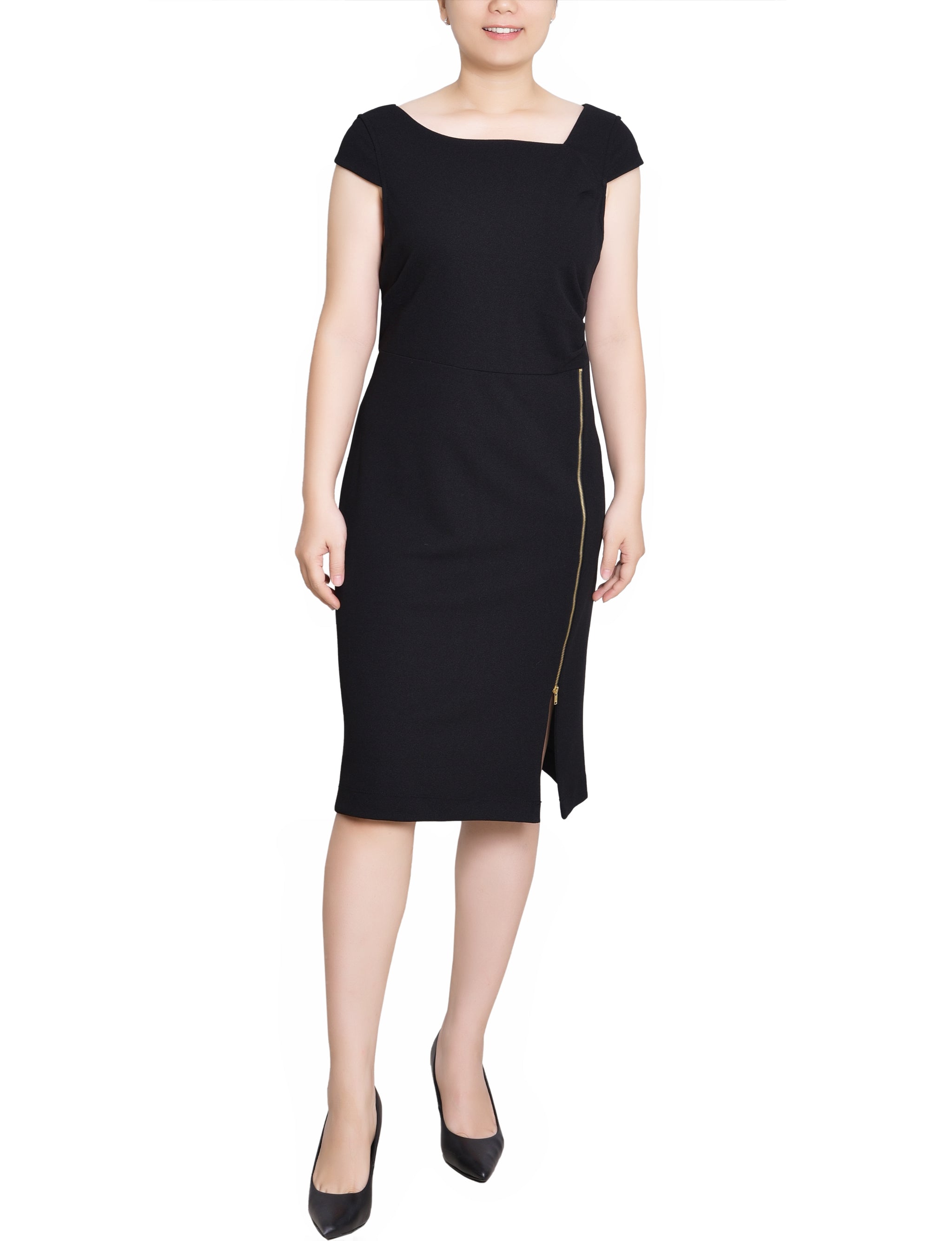 NY Collection Petite Cap Sleeve Exposed Zipper Dress - Black - PM NY Collection Petite Cap Sleeve Exposed Zipper Dress - Black - PM