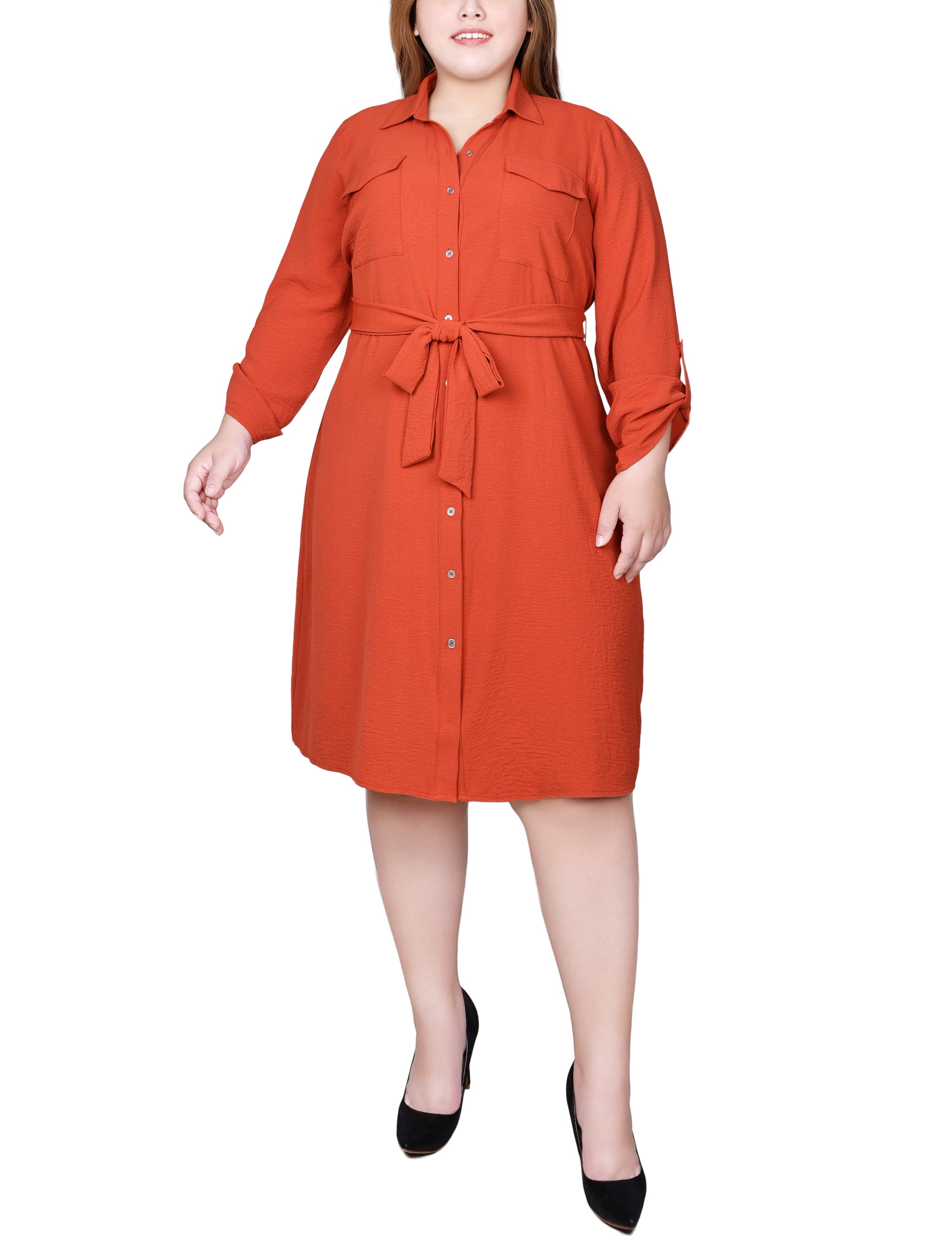 roll tab shirt dress Lauren Ralph Lauren Silky Cotton-Blend Point Collar Long Roll-Tab Sleeve Button-Front Belted Shirt Dress