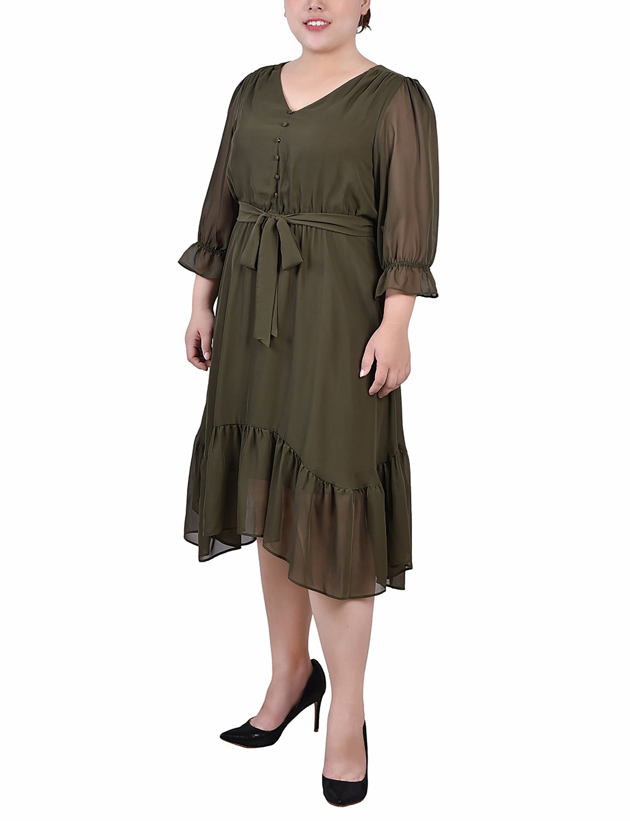 Olive 3/4 Sleeve V-Neck Flounced Dress - Plus Dressbarn Olive 3/4 Sleeve V-Neck Flounced Dress - Plus Dressbarn