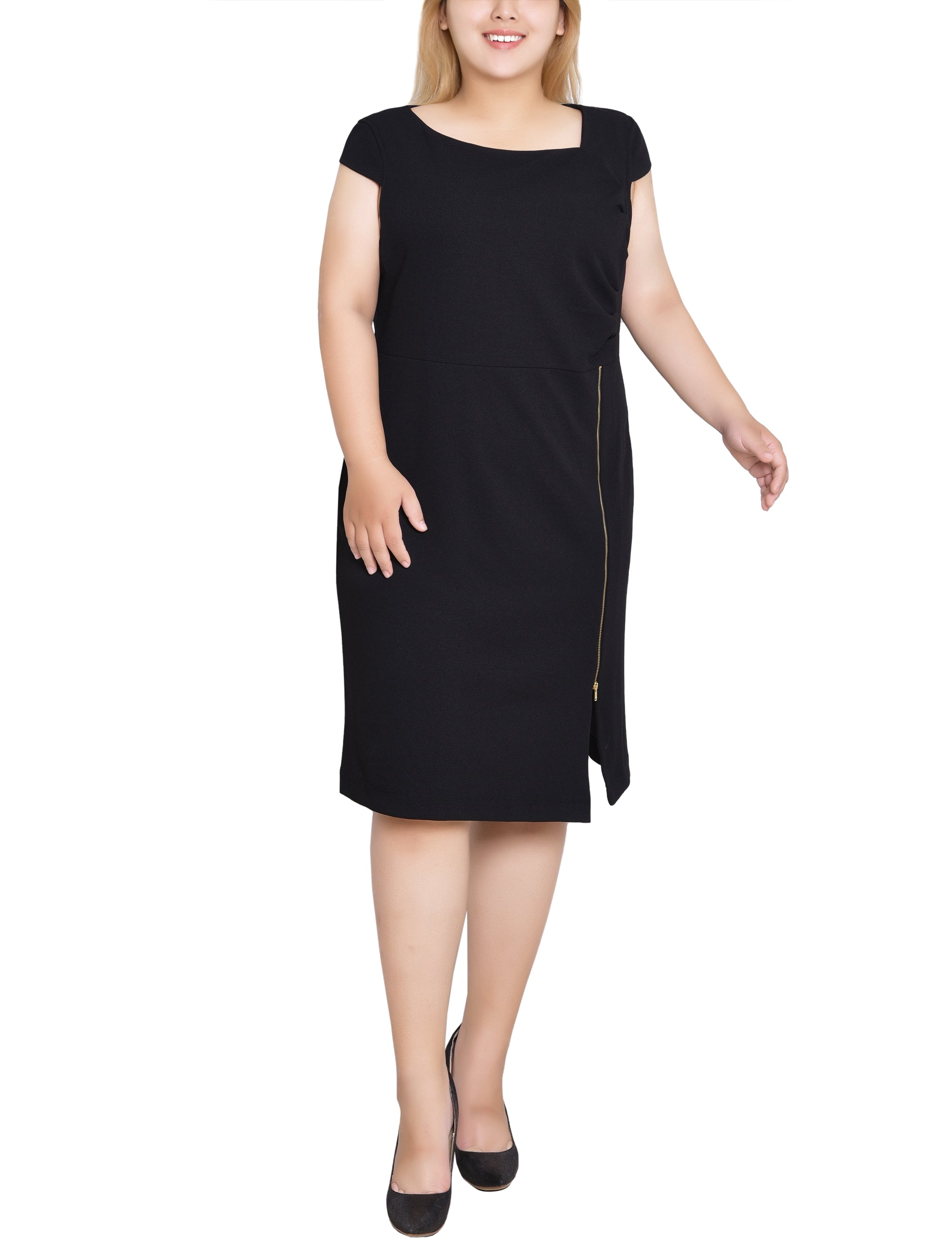NY Collection Plus Size Cap Sleeve Exposed Zipper Dress - Black - 3X NY Collection Plus Size Cap Sleeve Exposed Zipper Dress - Black - 3X