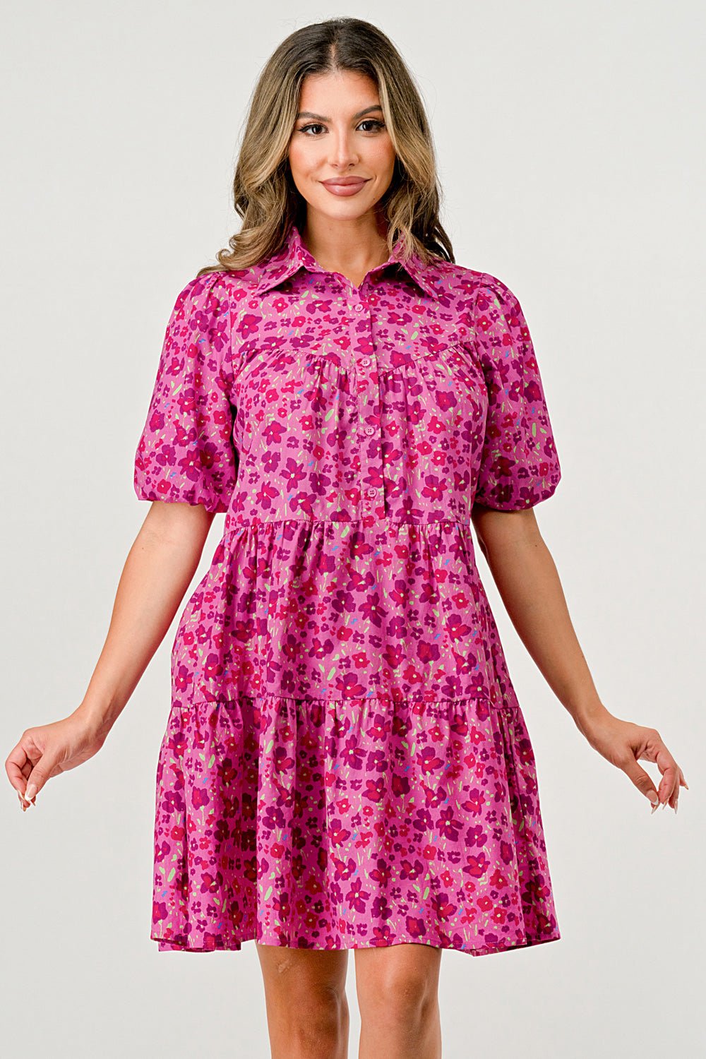 Ballon sleeve collar and button front A-Line midi dress with poplin floral - DressbarnDresses