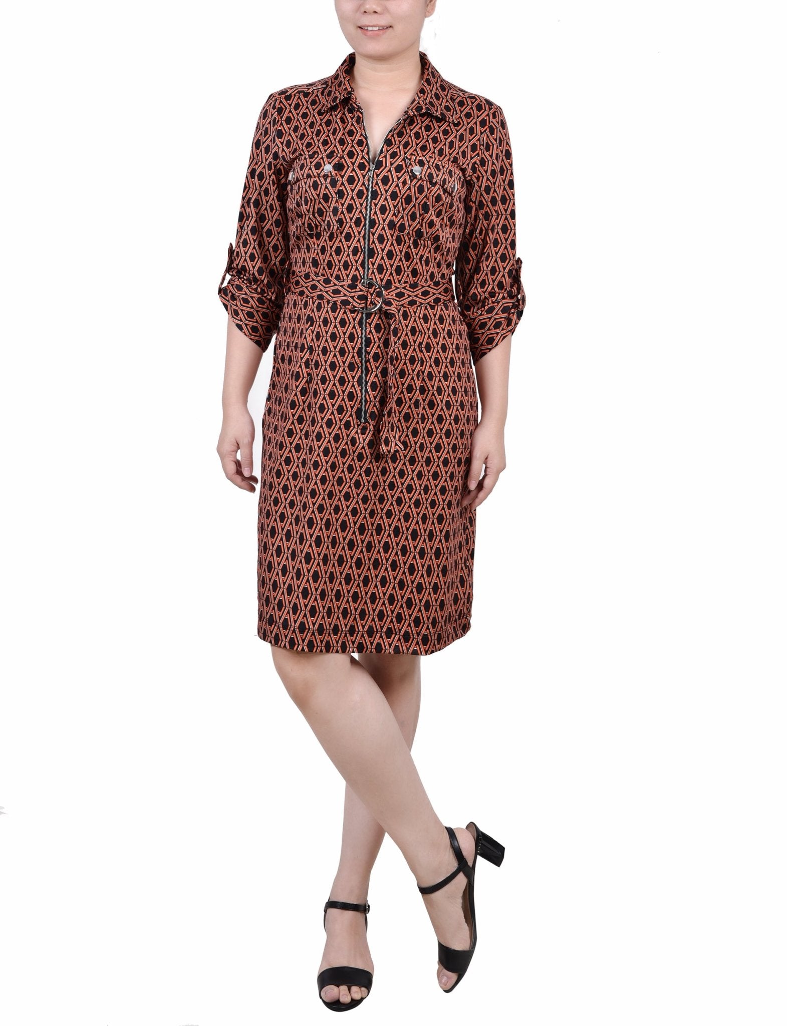Black Autumn Glaze Thill Belted Roll Tab Zip Front Shirtdress Black Autumn Glaze Thill Belted Roll Tab Zip Front Shirtdress