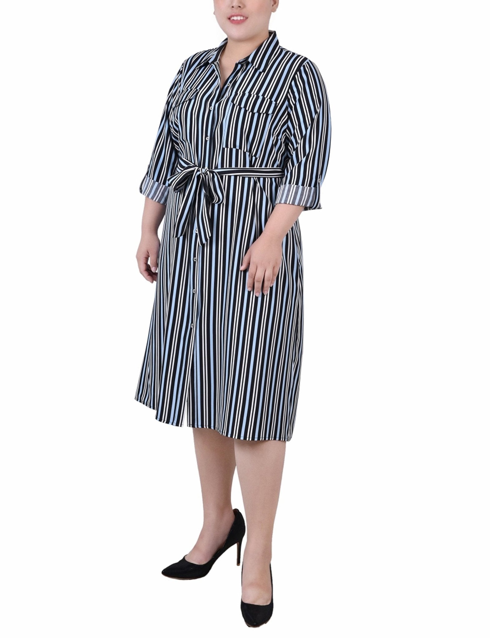 Black Blue Ivory Stripe 3/4 Roll Tab Sleeve Belted Shirtdress - Plus Dressbarn Black Blue Ivory Stripe 3/4 Roll Tab Sleeve Belted Shirtdress - Plus Dressbarn