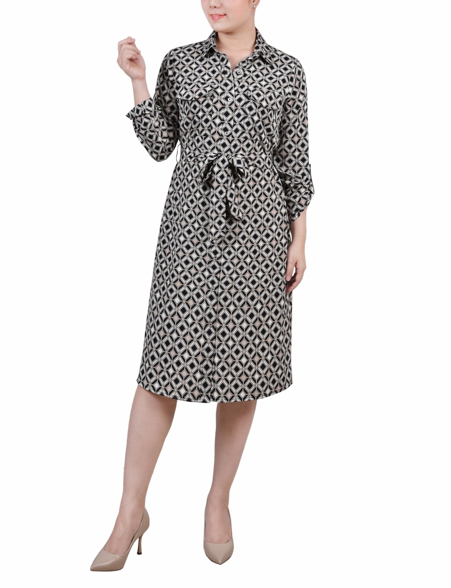 Petite 3/4 Roll Tab Sleeve Belted Shirtdress Black Doeskin Geo / PL Petite 3/4 Roll Tab Sleeve Belted Shirtdress Black Doeskin Geo / PL
