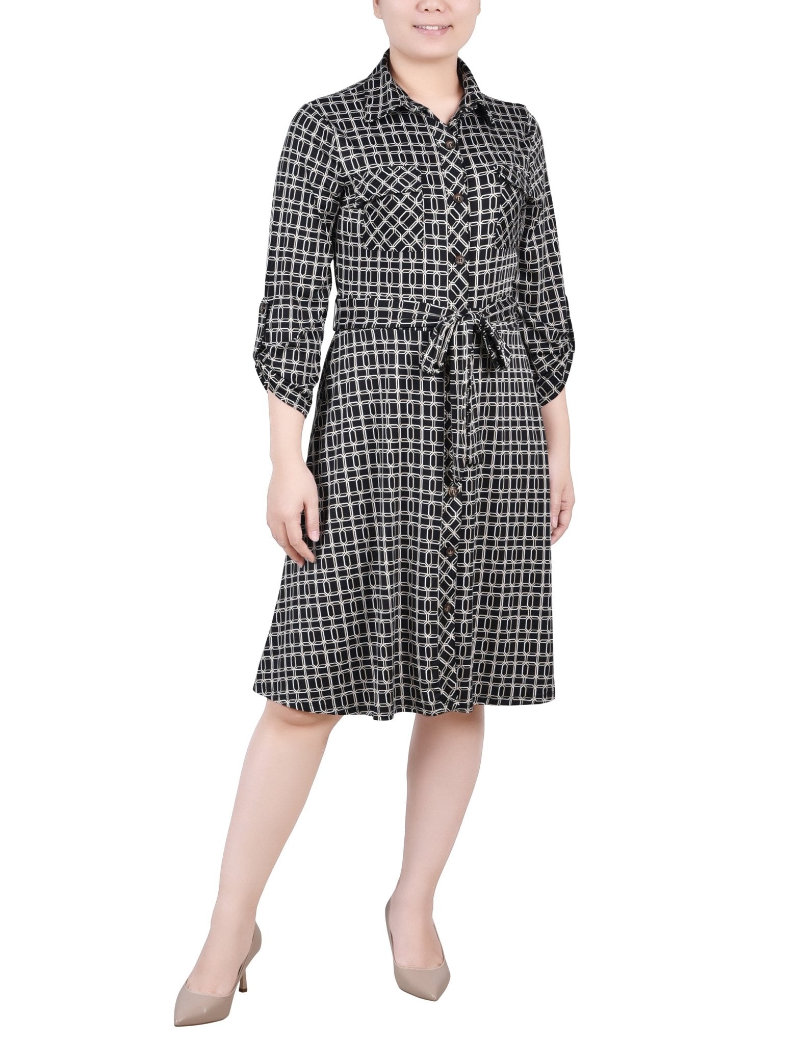 Black Gold Harlie 3/4 Slv Roll Tab Shirtdress - Petite Dressbarn Black Gold Harlie 3/4 Slv Roll Tab Shirtdress - Petite Dressbarn