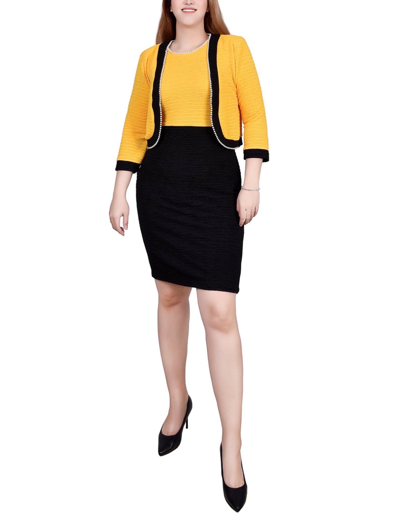 Black Lemon 3/4 Sleeve Textured Knit 2 Piece Dress Set Dressbarn Black Lemon 3/4 Sleeve Textured Knit 2 Piece Dress Set Dressbarn