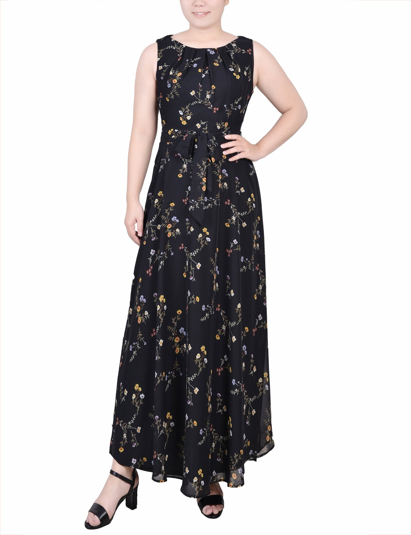 Black Must Vine Sleeveless Belted Chiffon Maxi Dress - Petite Black Must Vine Sleeveless Belted Chiffon Maxi Dress - Petite
