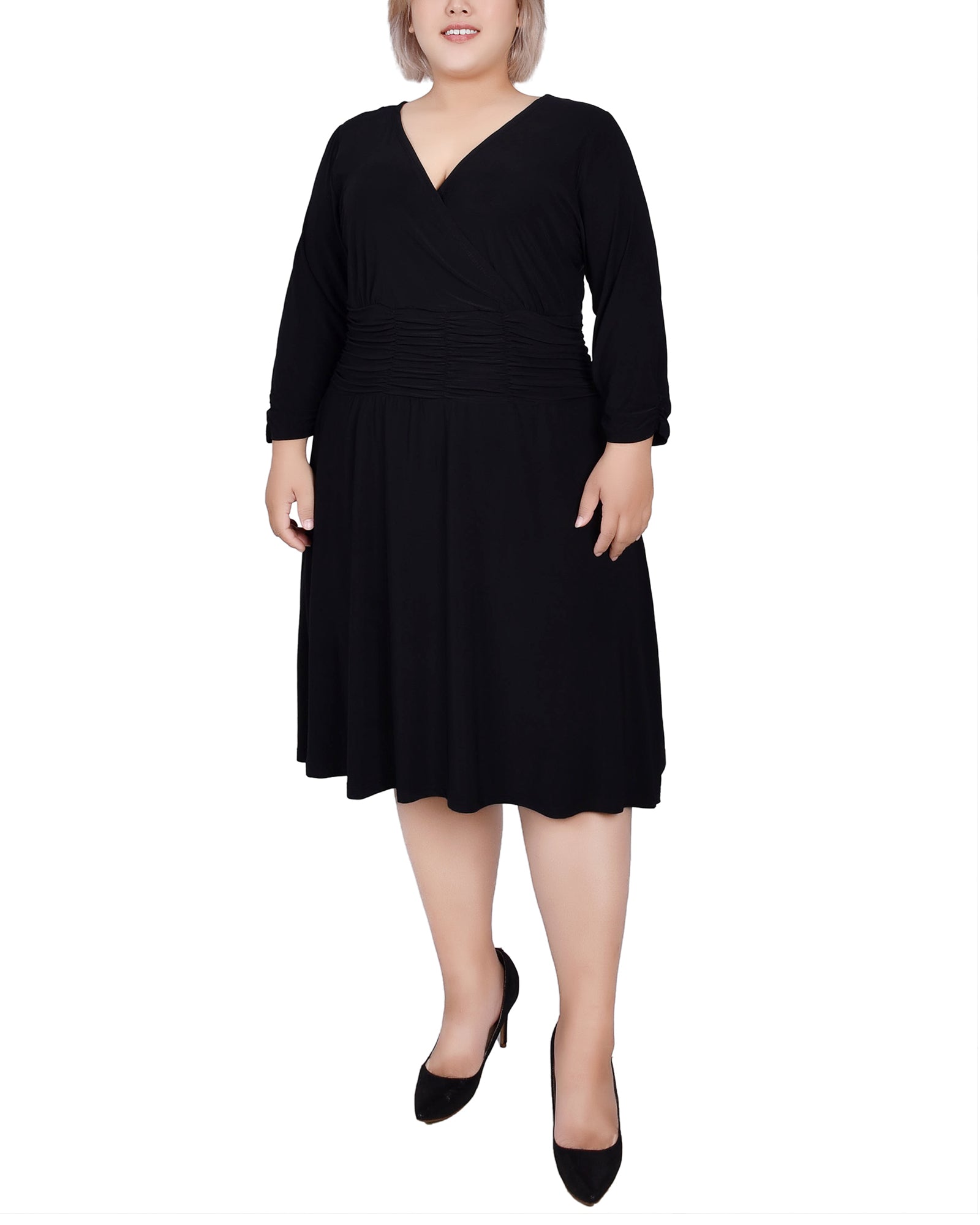 NY Collection Plus Size Ruched A-Line Dress Black 1x NY Collection Plus Size Ruched A-Line Dress Black 1x