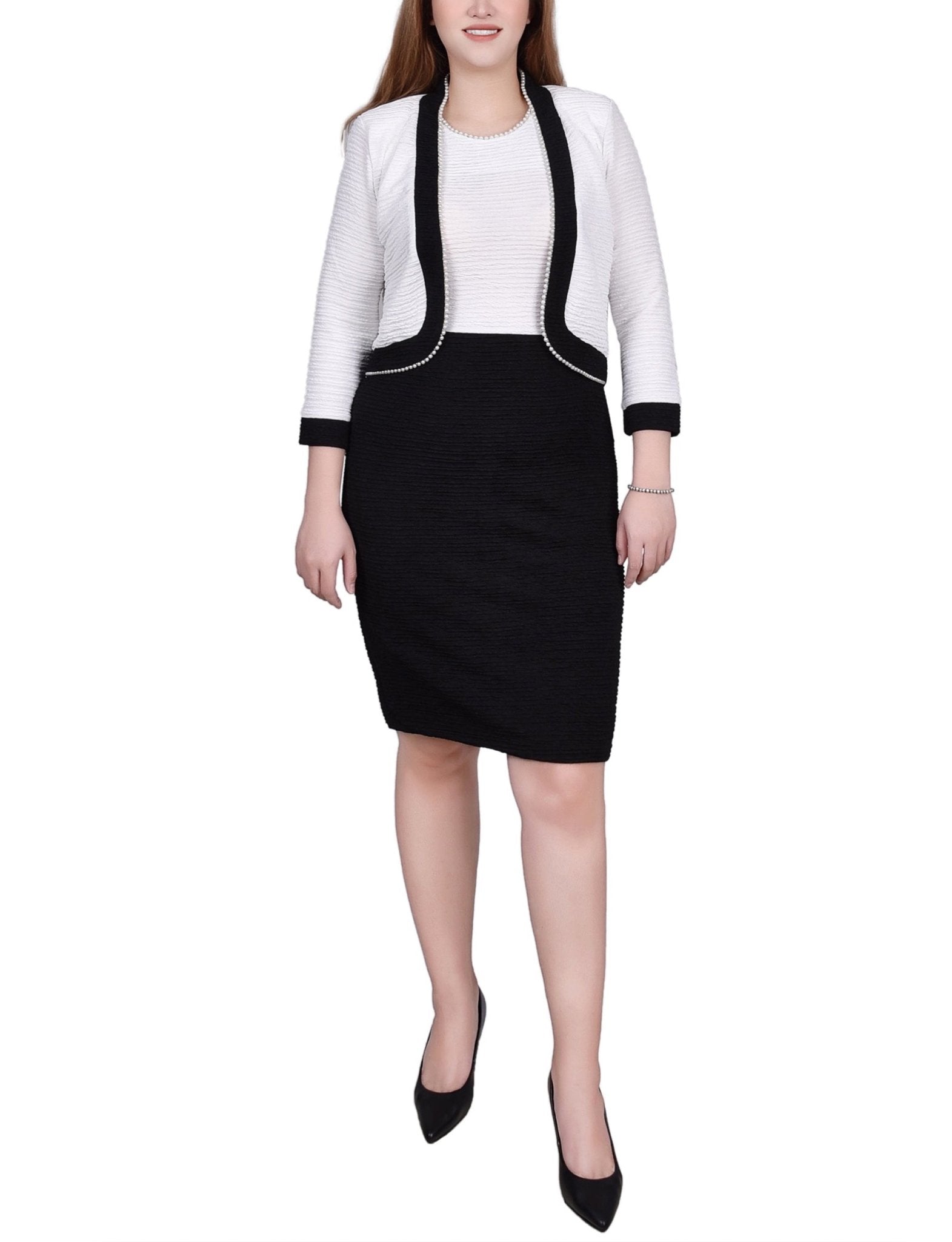 Black White 3/4 Sleeve Textured Knit 2 Piece Dress Set - Petite Black White 3/4 Sleeve Textured Knit 2 Piece Dress Set - Petite