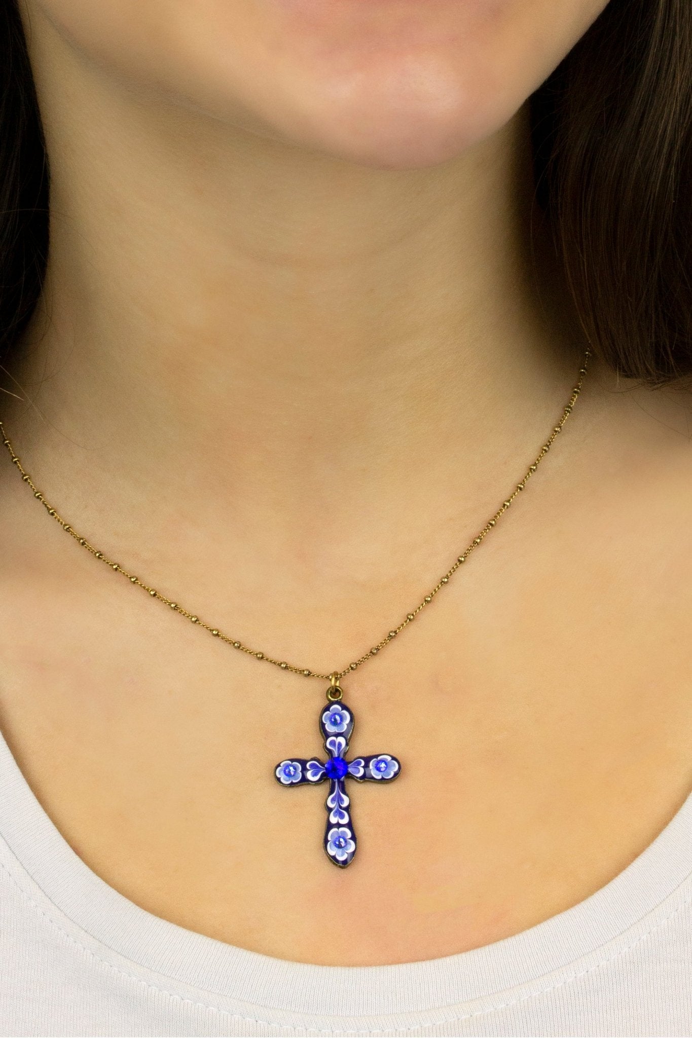 Blue & White Enamel Garden Cross Pendant Necklace - DressbarnNecklaces