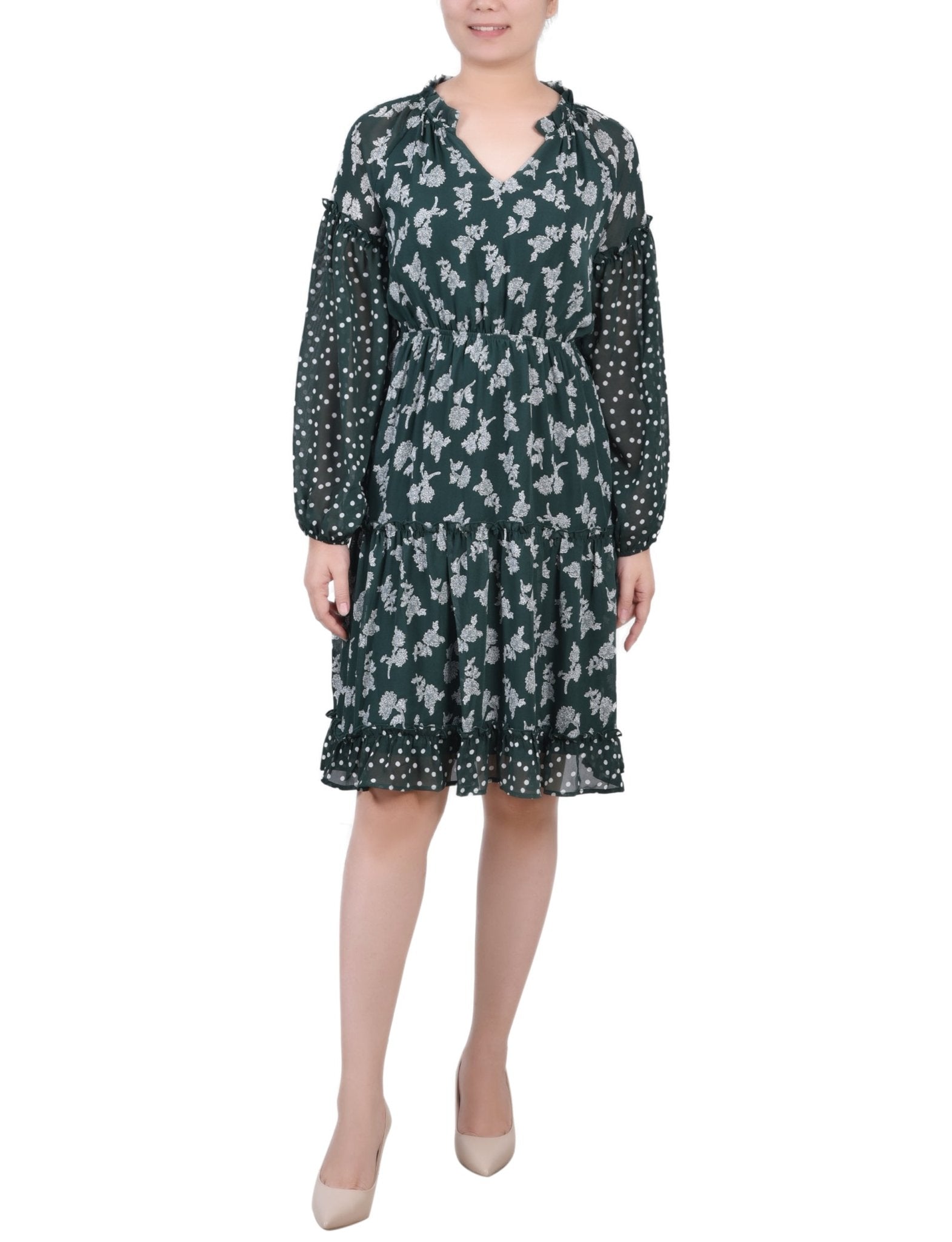 petite chiffon dresses Botanical Garden Floral Dot Long Sleeve Combo Chiffon Dress