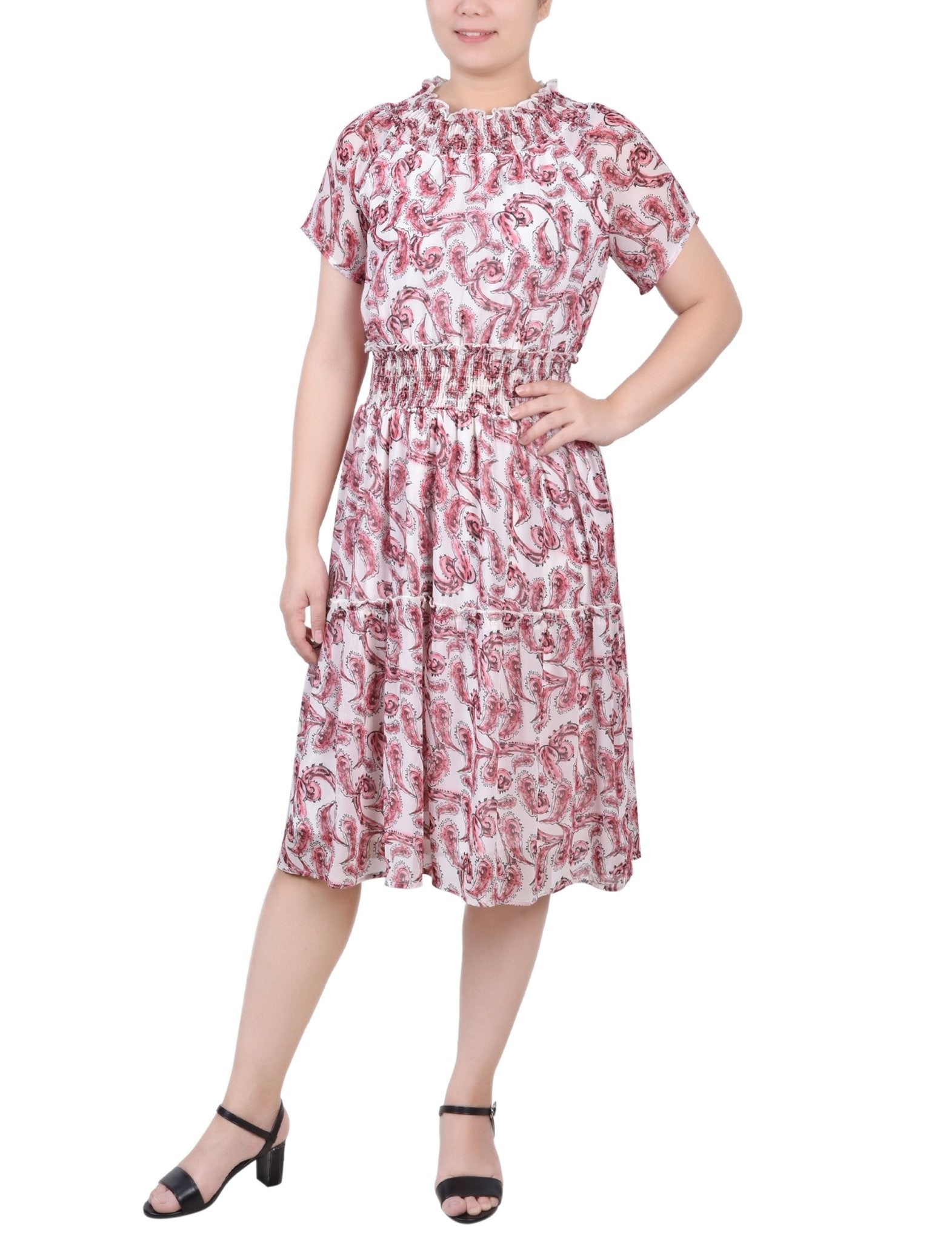 Burgundy Paisley Floral Short Sleeve Smocked Waist Dress Burgundy Paisley Floral Short Sleeve Smocked Waist Dress