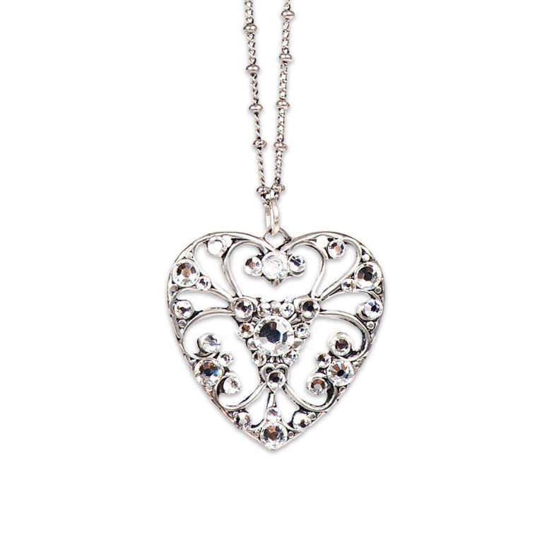 Clear Crystal Filigree Heart Pendant Necklace - DressbarnNecklaces